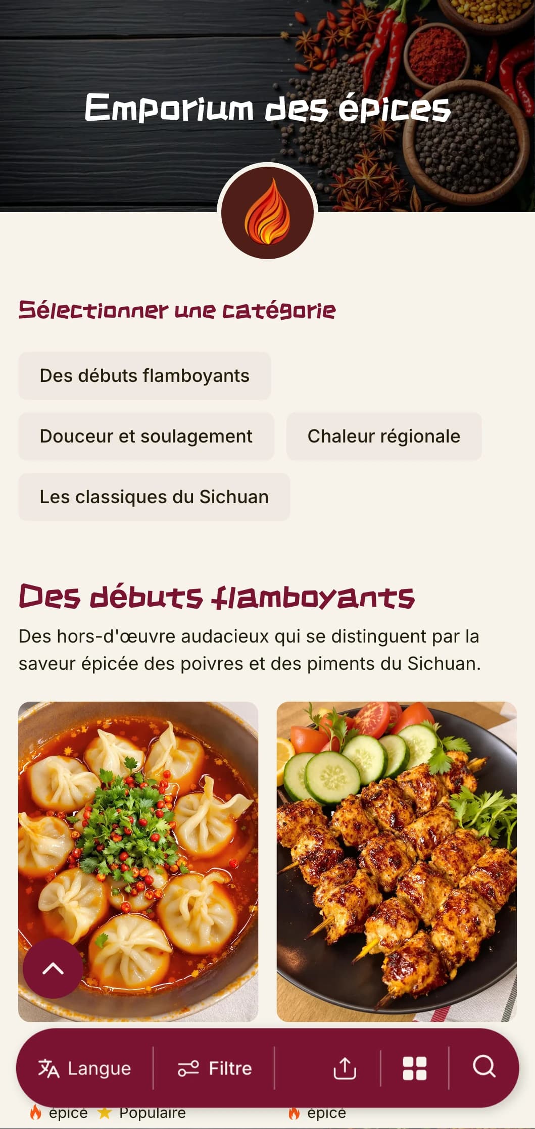 Un menu chinois dynamique inspiré des traditions d'épices du Sichuan et du Hunan, avec des couleurs vives pour une cuisine régionale authentique.
