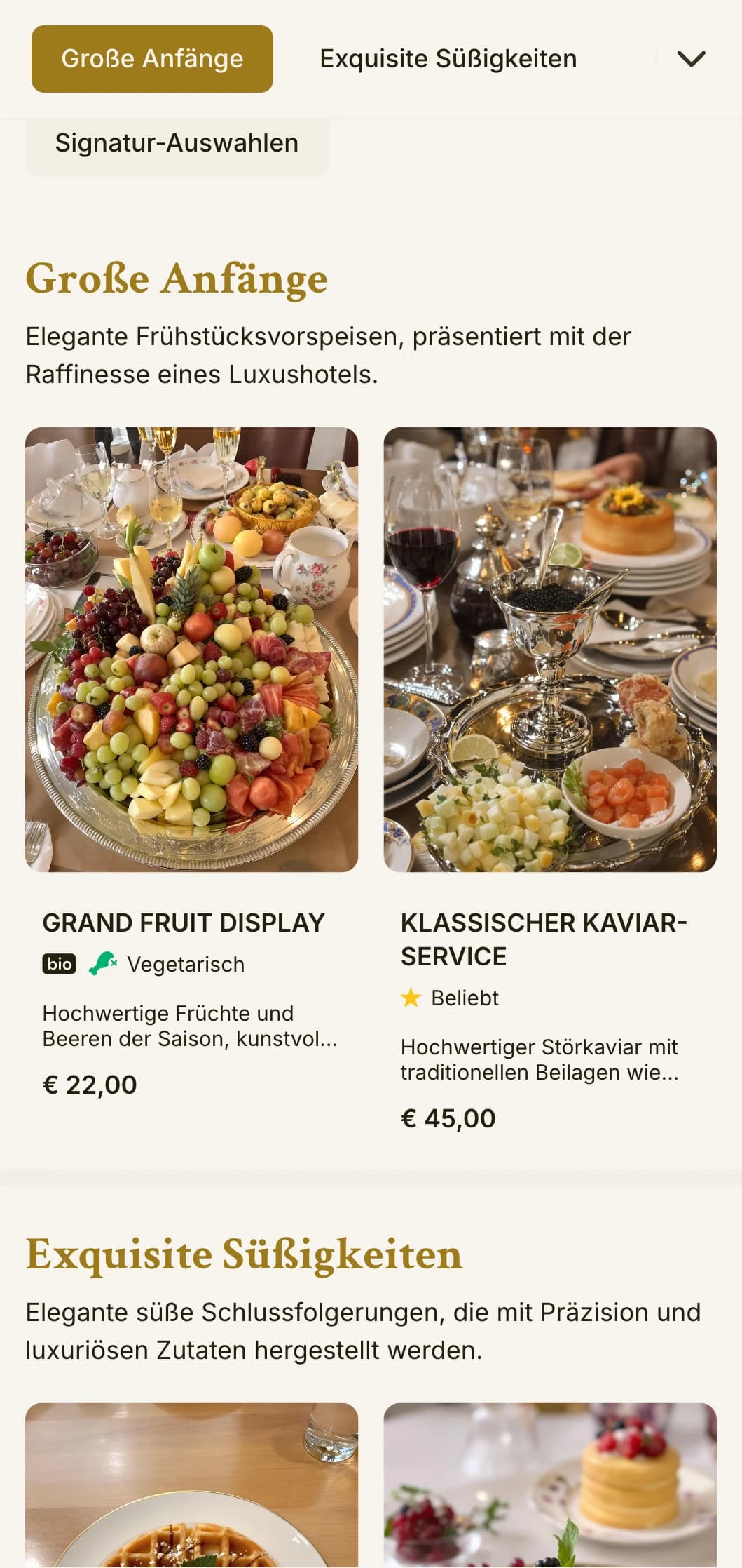 Anspruchsvolles Morgenessen mit erstklassigen Zutaten und eleganter Präsentation in der Tradition des Grand Hotels.