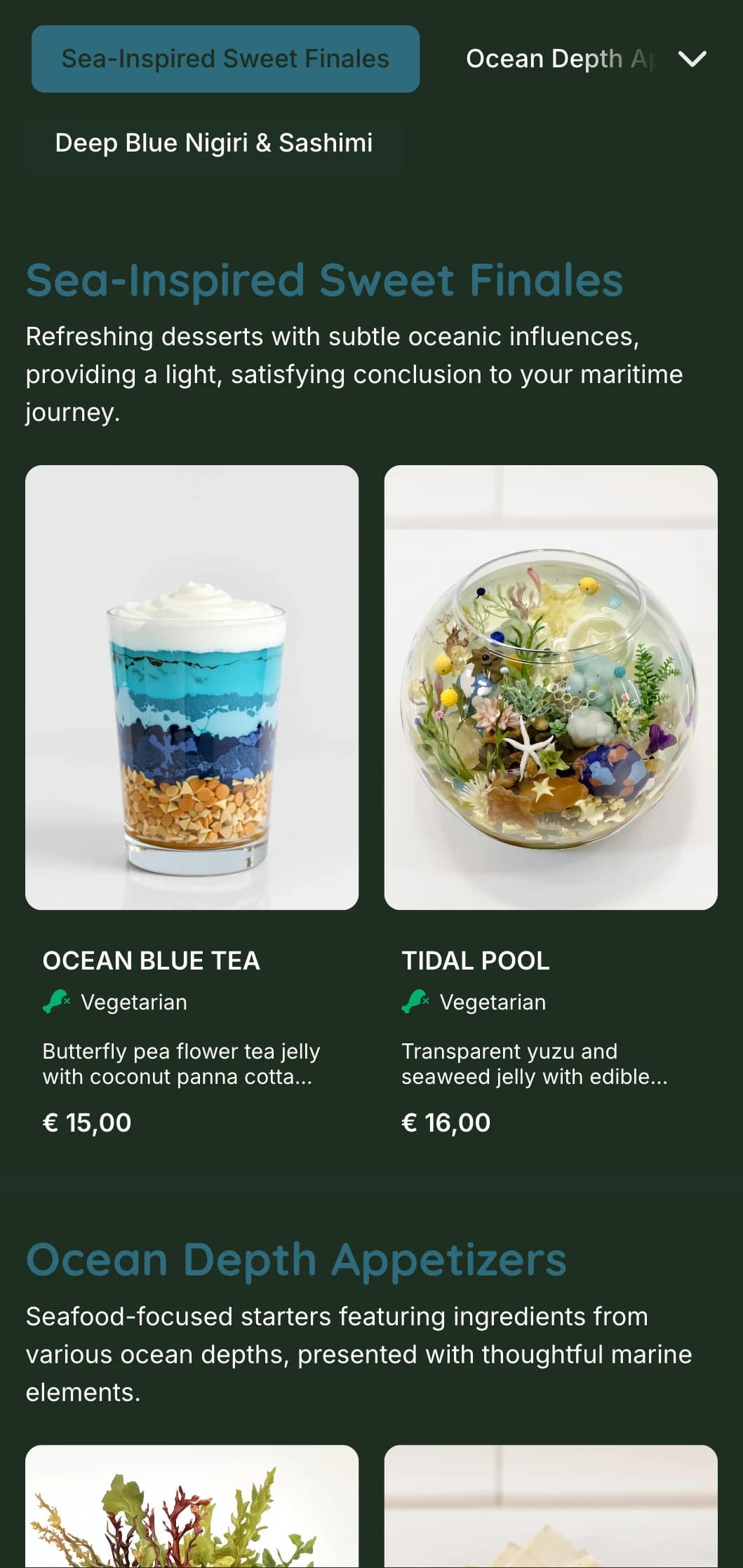 Tranquil deep blue sushi menu inspired by ocean depths, featuring marine elements and fresh seafood emphasis.