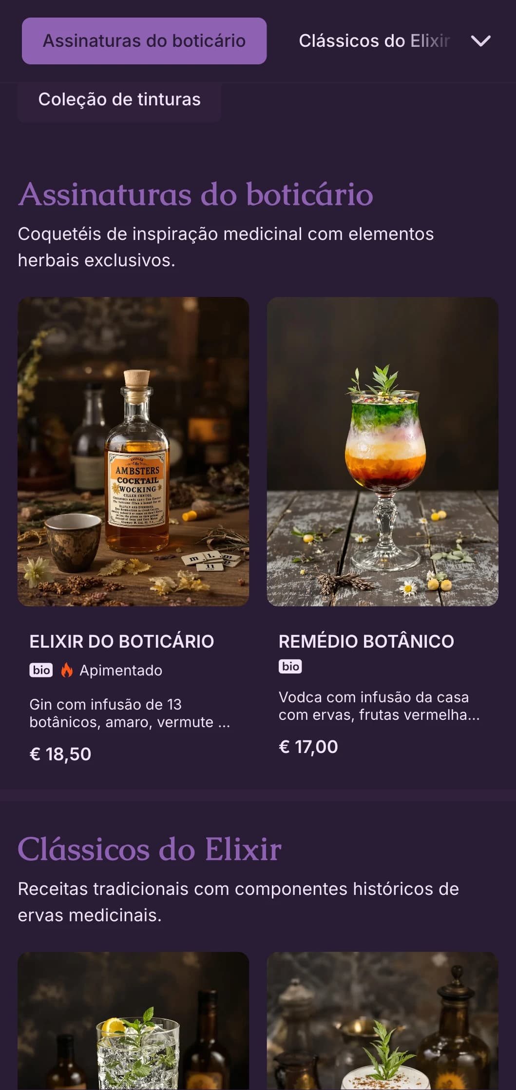 Design roxo misterioso com ilustrações botânicas para laboratórios de coquetéis artesanais.