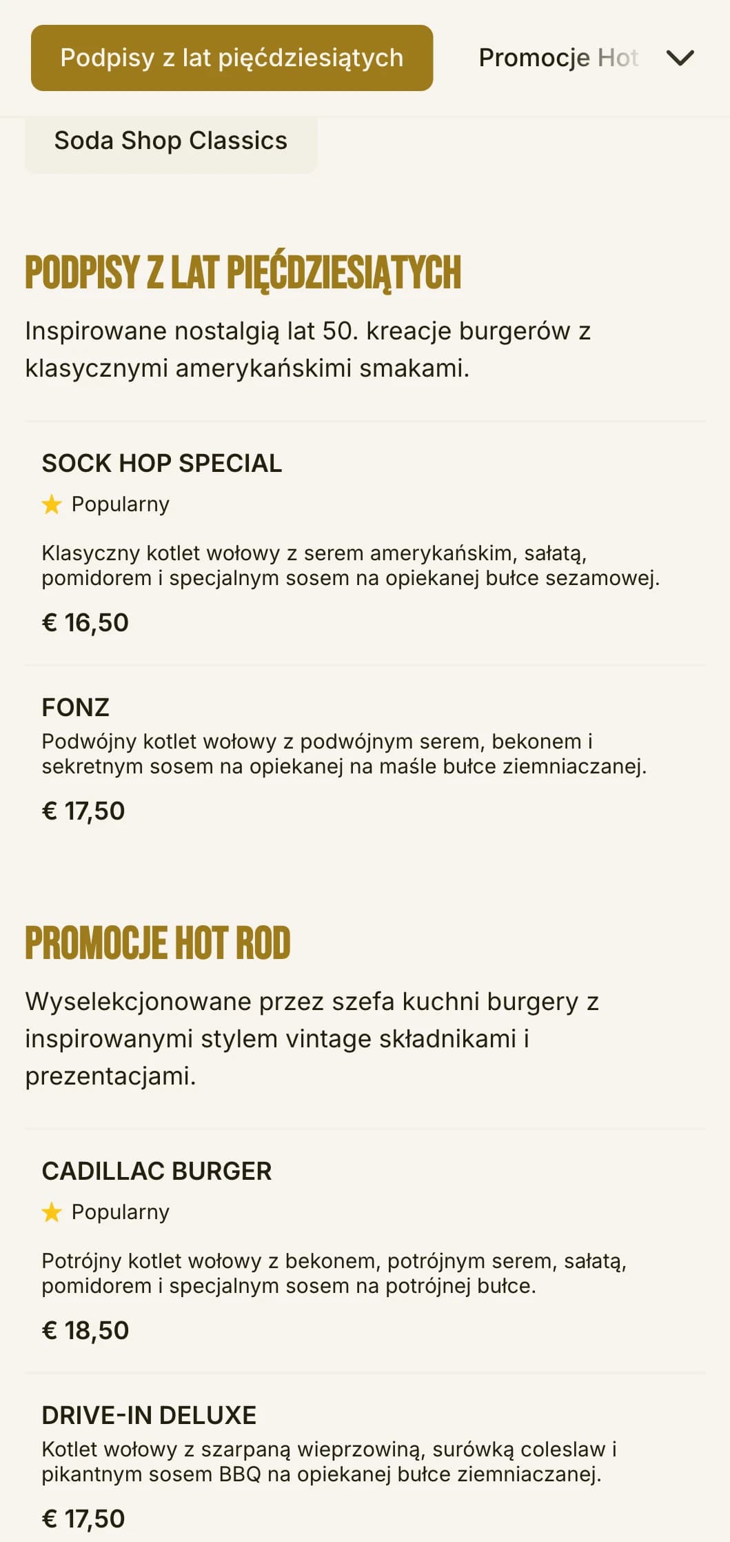 Inspirowany latami 50. sklep z burgerami z wzorami szachownicy i nostalgicznymi elementami sklepu z napojami gazowanymi.