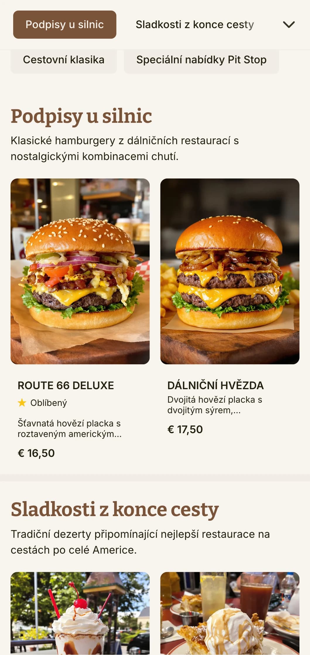 Burgerová restaurace inspirovaná dálnicemi s historickými dopravními značkami a nostalgií klasických amerických roadtripů.