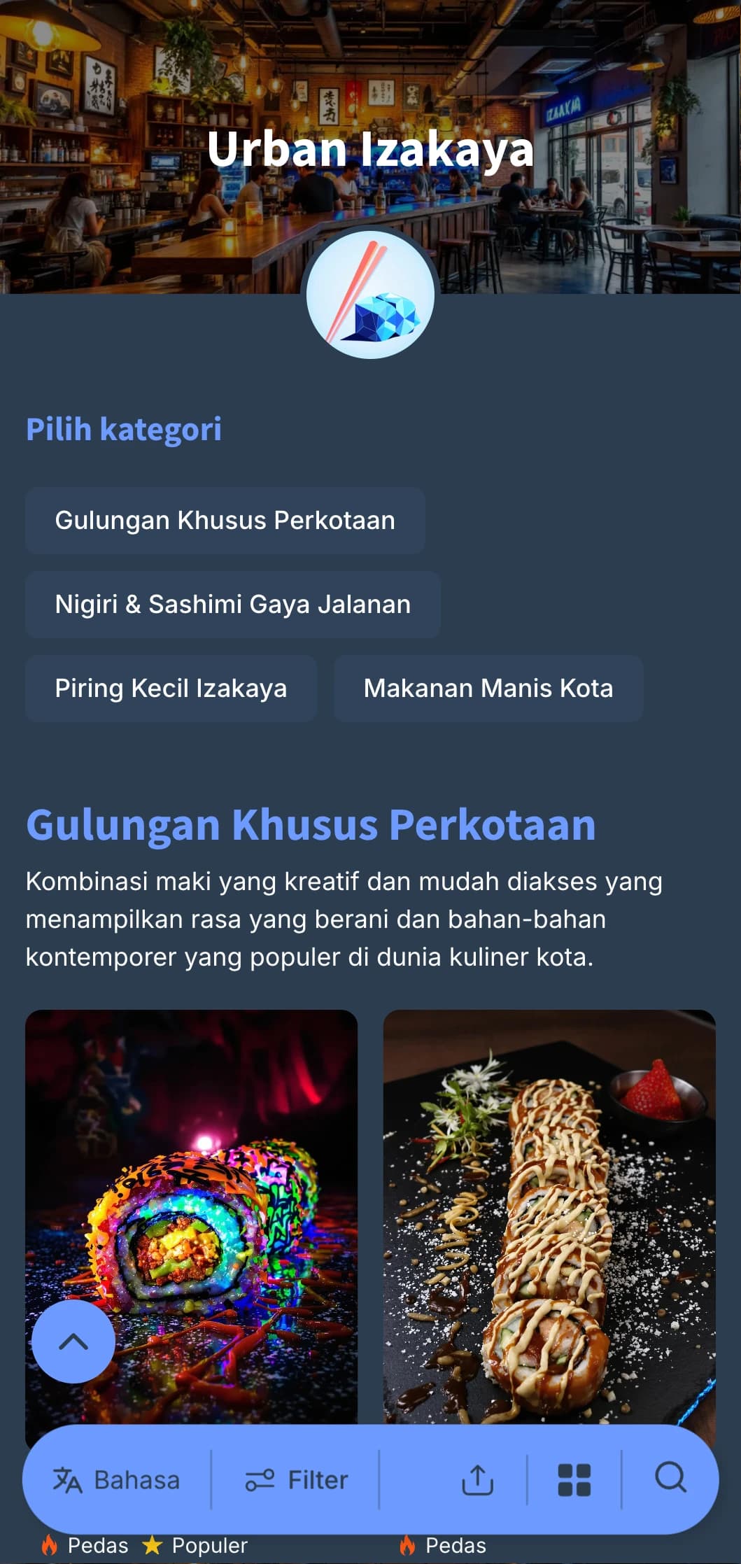 Menu bergaya pub Jepang kontemporer dengan gaya urban, menampilkan warna biru yang sejuk dengan warna biru tua untuk bersantap santai.