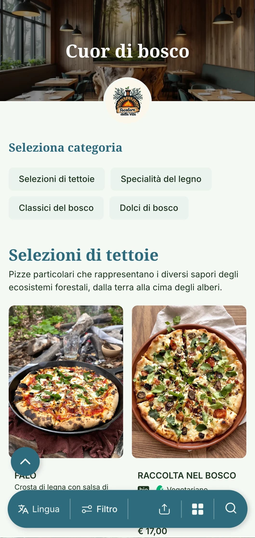 Menu pizza ispirato alla foresta con elementi del bosco e tavolozza di colori della terra.