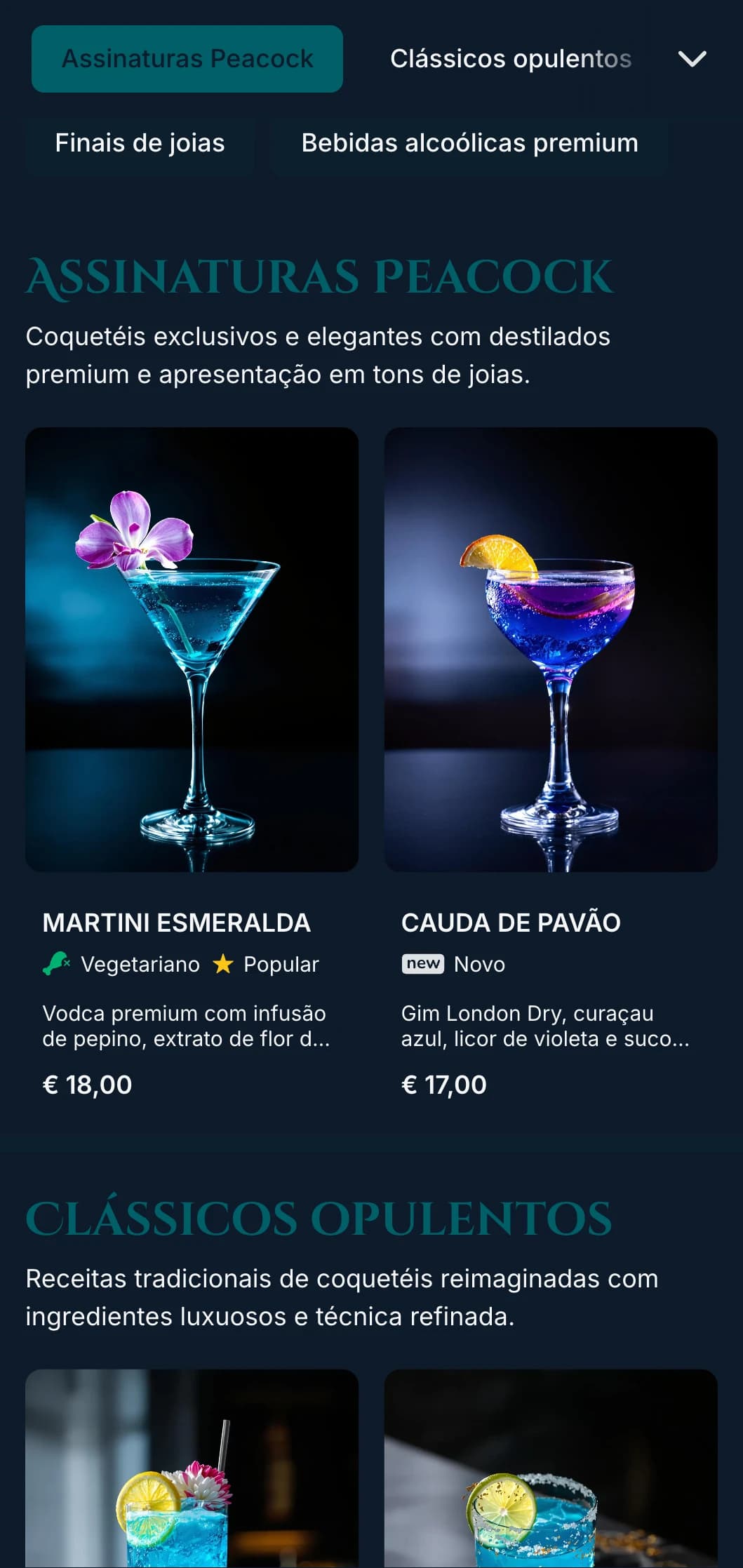 Um design luxuoso, em tons de joias, para salões de coquetéis de luxo, com detalhes em azul pavão e esmeralda e tipografia elegante.