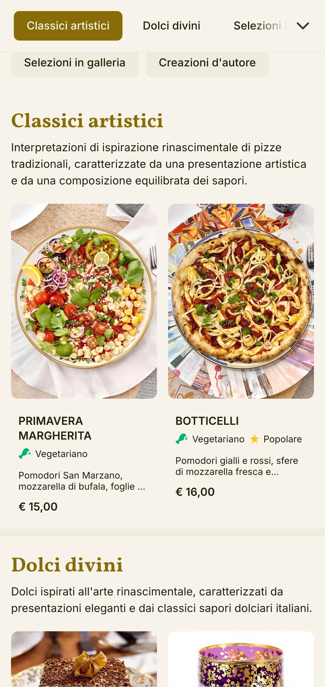 Menu pizza artistico ispirato al Rinascimento italiano con ricchi elementi visivi.