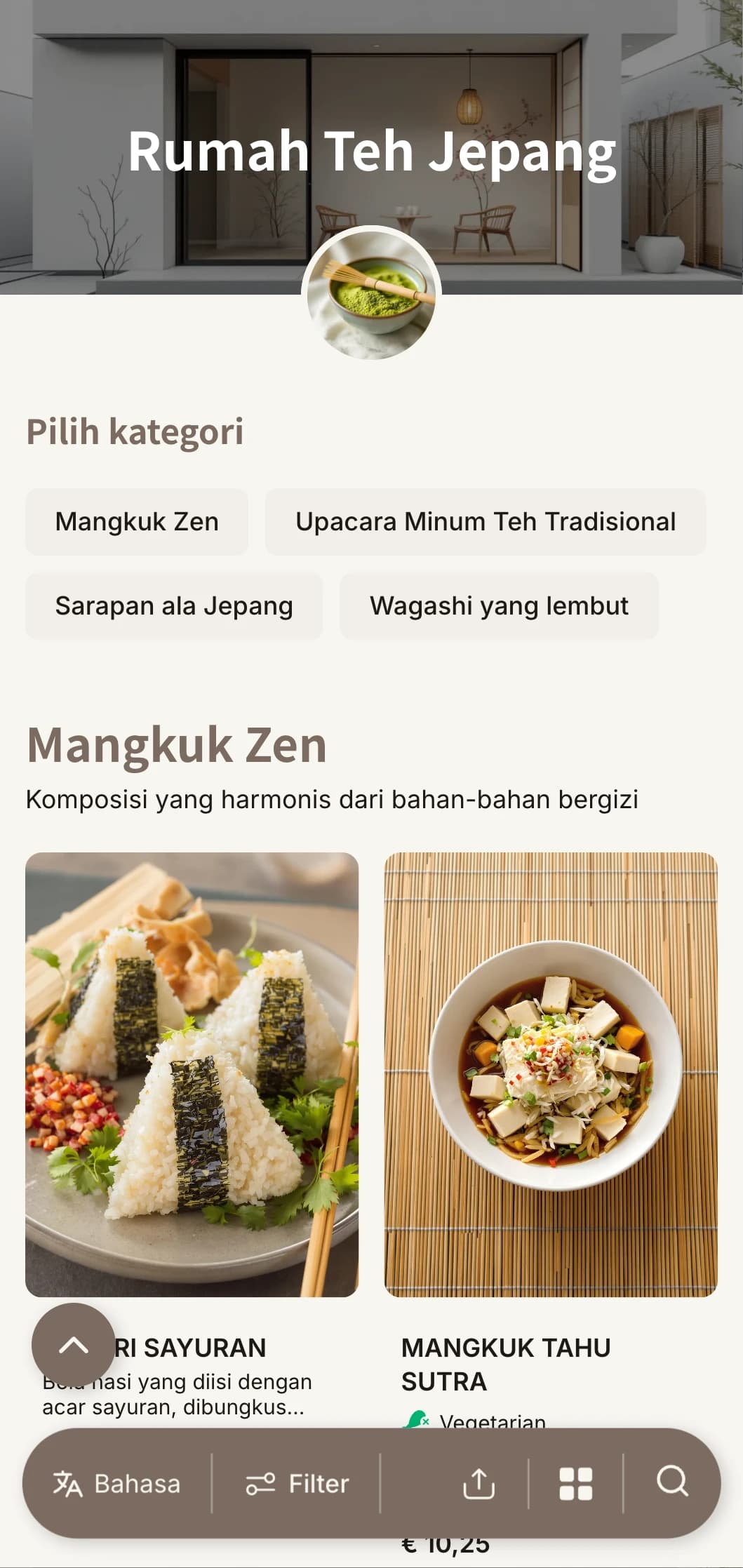 Desain minimalis yang terinspirasi oleh estetika Jepang untuk rumah teh dan kafe zen.