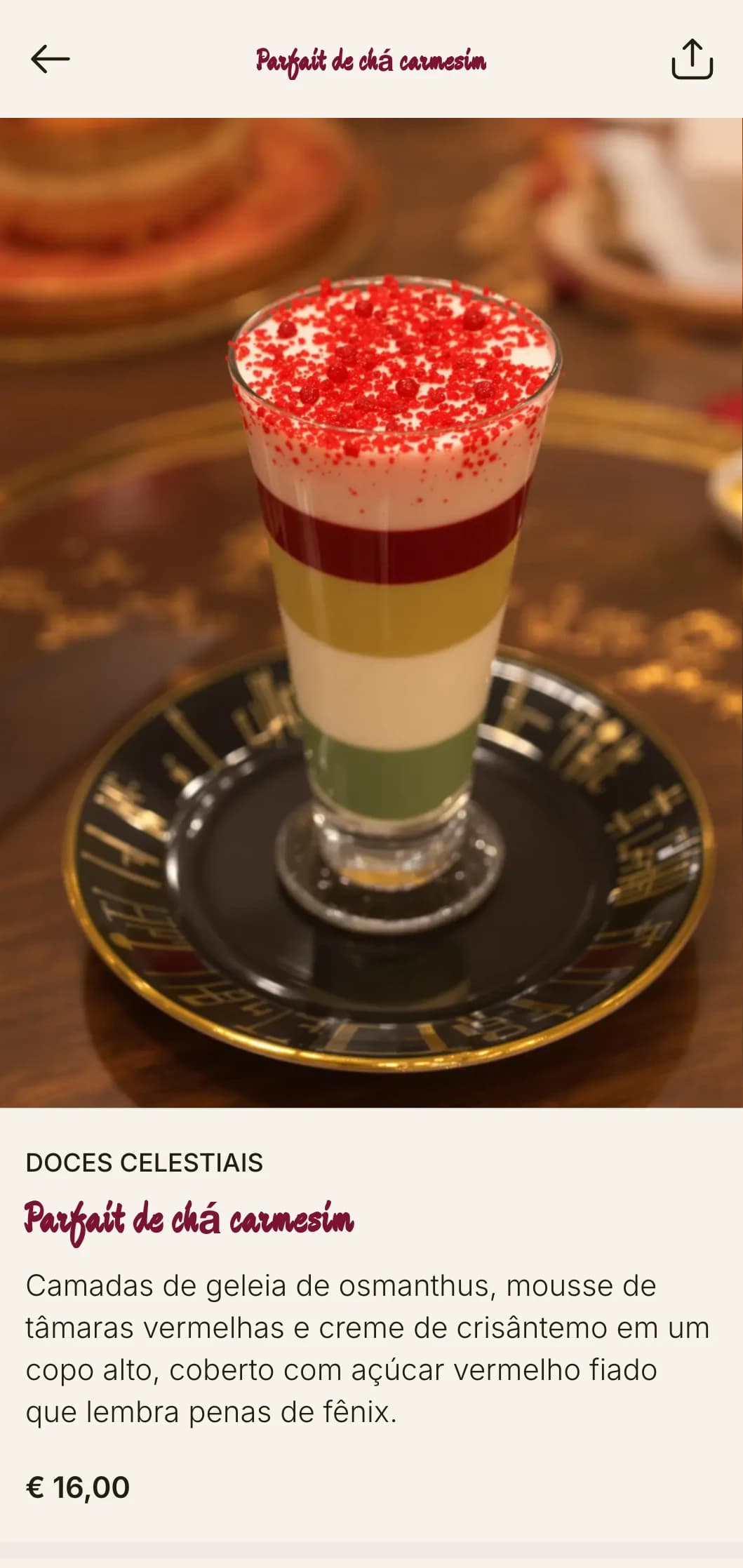 Design arrojado de cardápio chinês com motivos de fênix e detalhes em carmesim para restaurantes de luxo especializados em culinária real.