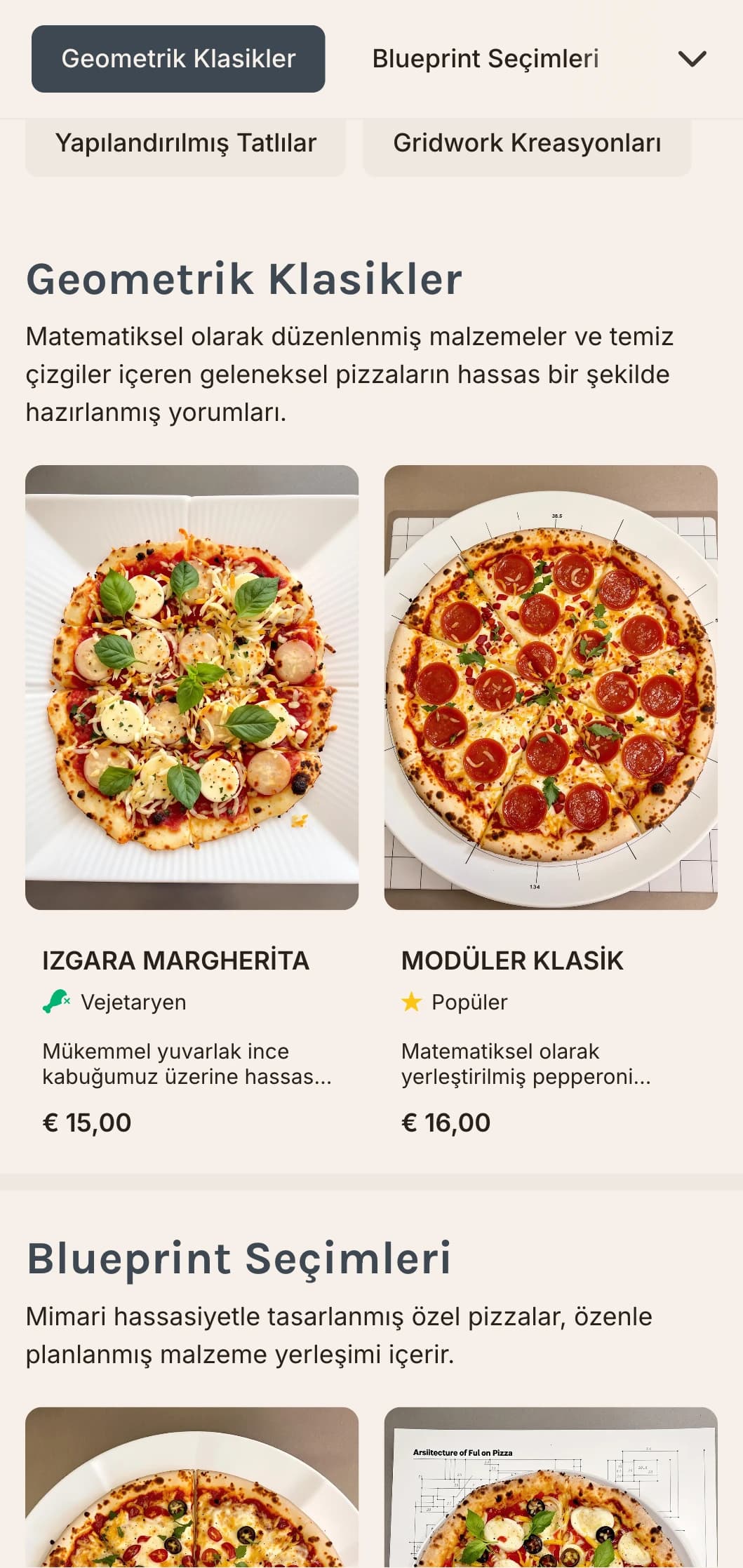 Izgara düzenleri ve hassas tasarım öğeleri içeren geometrik modern pizza menüsü.