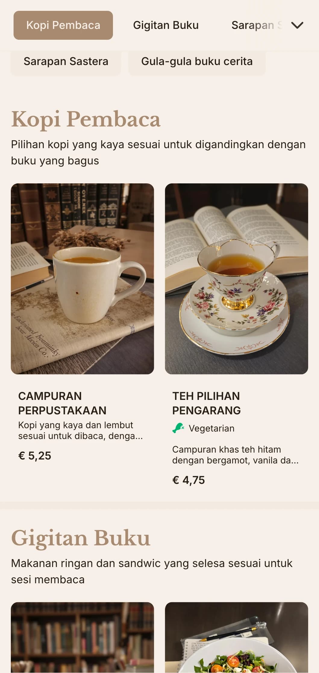 Reka bentuk coklat hangat dengan unsur sastera untuk kafe kedai buku dan ruang bacaan.