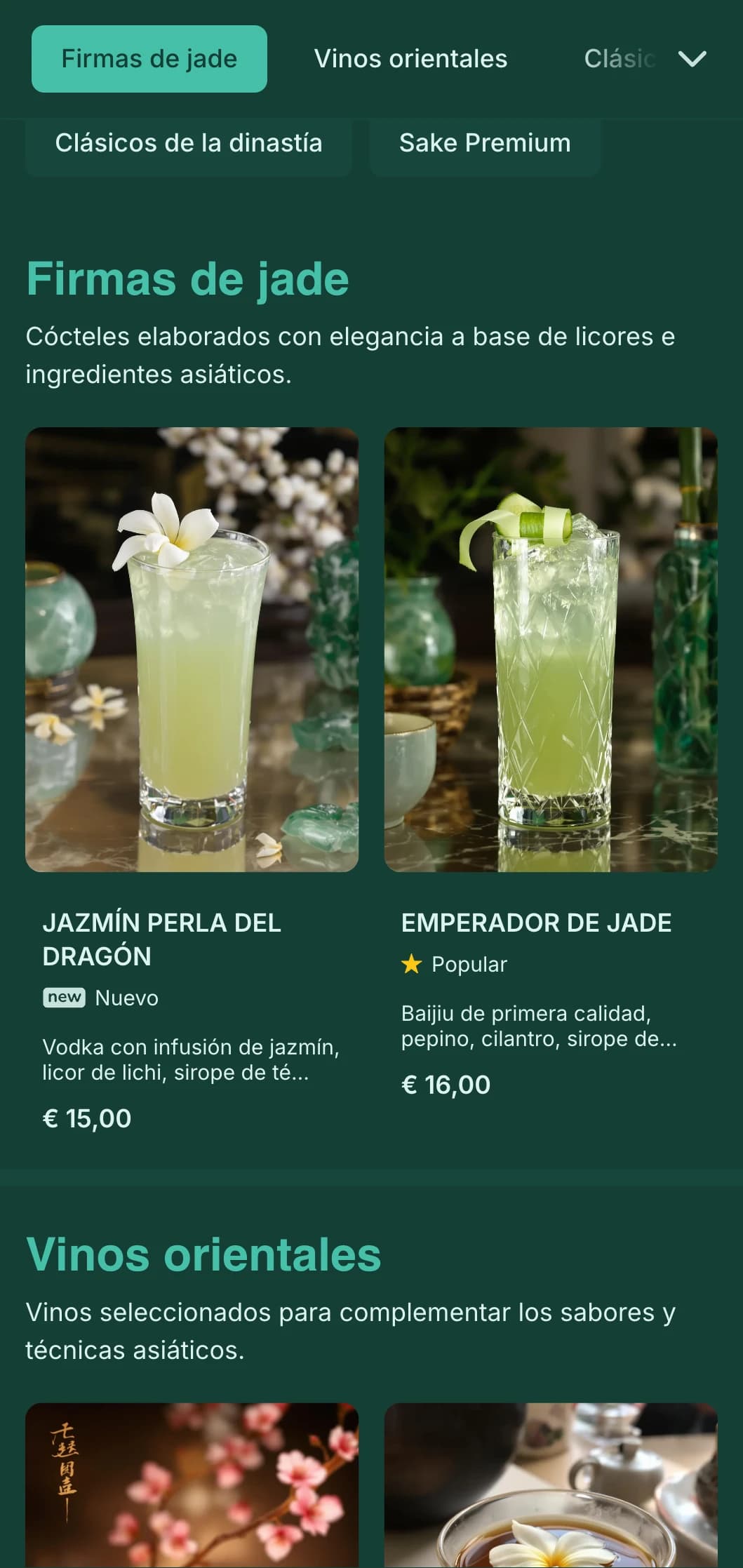 Elegante diseño verde inspirado en el arte chino para salones de cócteles de inspiración asiática.