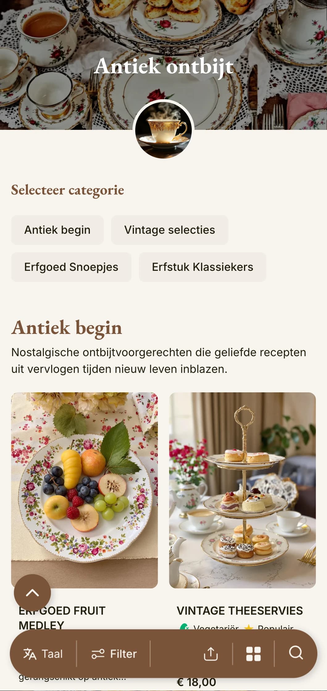 Nostalgische ochtendselecties geïnspireerd op erfelijke recepten, gepresenteerd met vintage charme en klassieke elegantie.