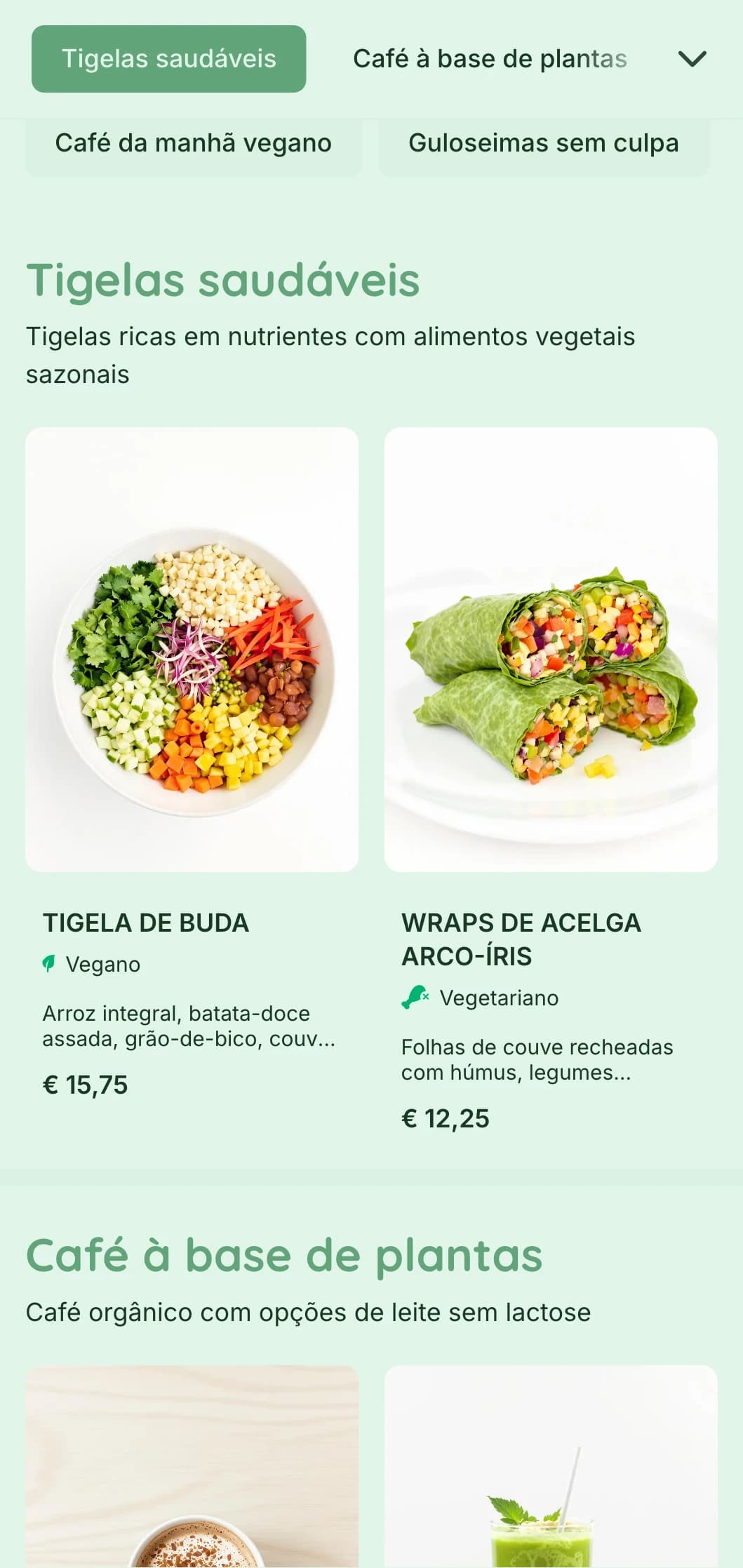 Design verde fresco que destaca as ofertas à base de plantas para cafeterias veganas e locais de alimentação saudável.