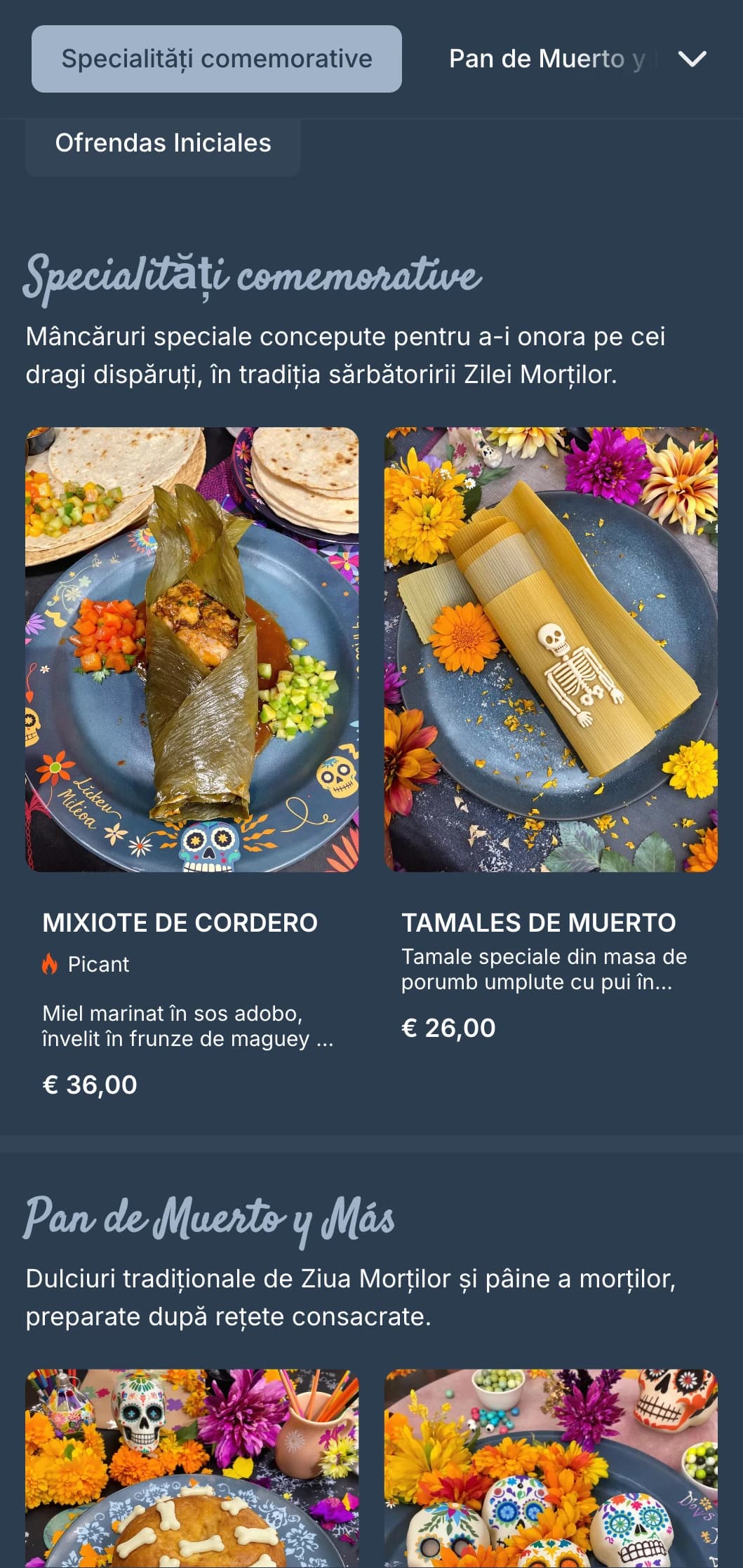 Meniu tematic artistic și sărbătoresc de Ziua Morților, cu tonuri bogate de albastru-cenușiu, motive cu cranii de zahăr și oferte speciale de sezon.