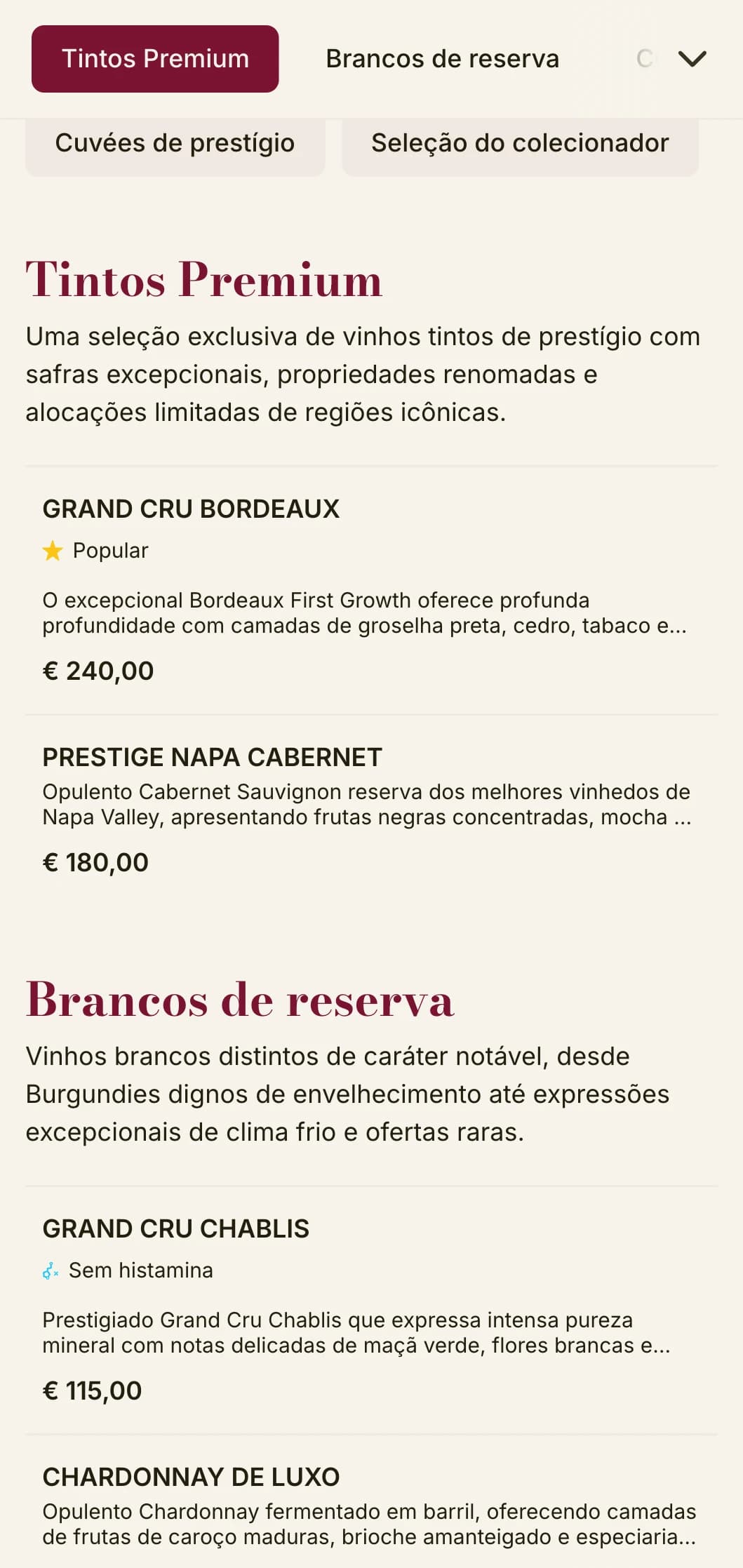 Modelo de lista de vinhos dramaticamente luxuoso com detalhes em Borgonha e tipografia sofisticada, ideal para churrascarias e adegas premium.