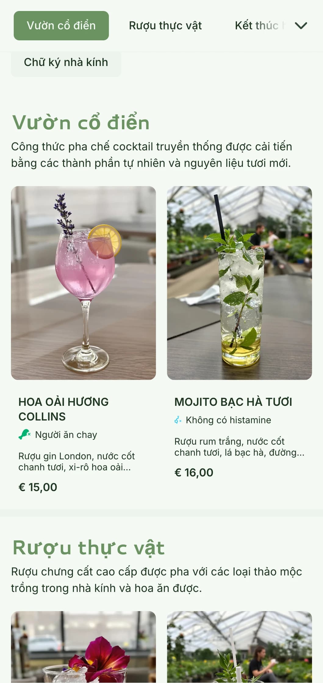 Thiết kế mới mẻ lấy cảm hứng từ nhà kính dành cho quầy bar ngoài vườn và phòng chờ thực vật với tông màu xanh lá cây và kiểu chữ thoáng mát.