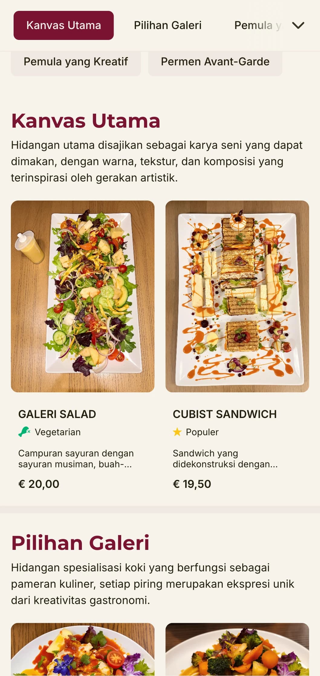 Desain menu makan siang yang kreatif dan terinspirasi dari seni dengan aksen warna yang berani dan tata letak yang ekspresif, ideal untuk restoran yang berada di dekat galeri dan distrik artistik.