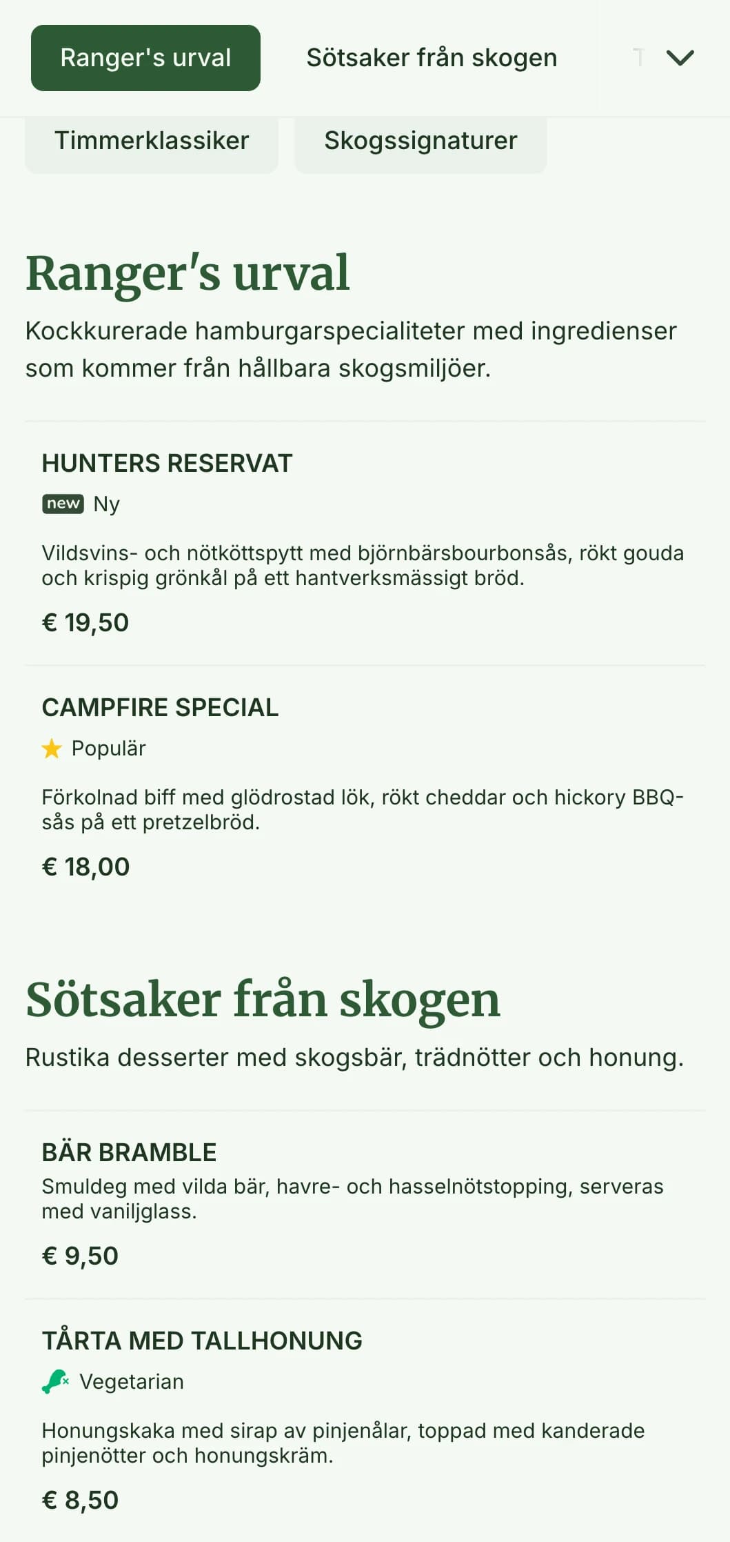 Skogsinspirerad hamburgerupplevelse med trästrukturer och jordnära färgpalett.