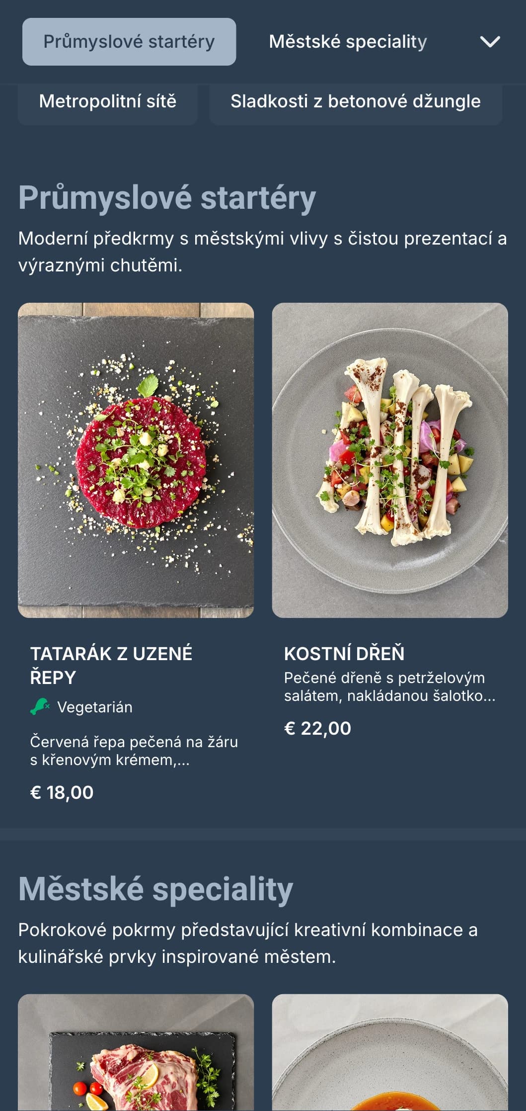 Moderní menu s prvky industriálního designu a městské estetiky, ideální pro městské gastroprovozovny.