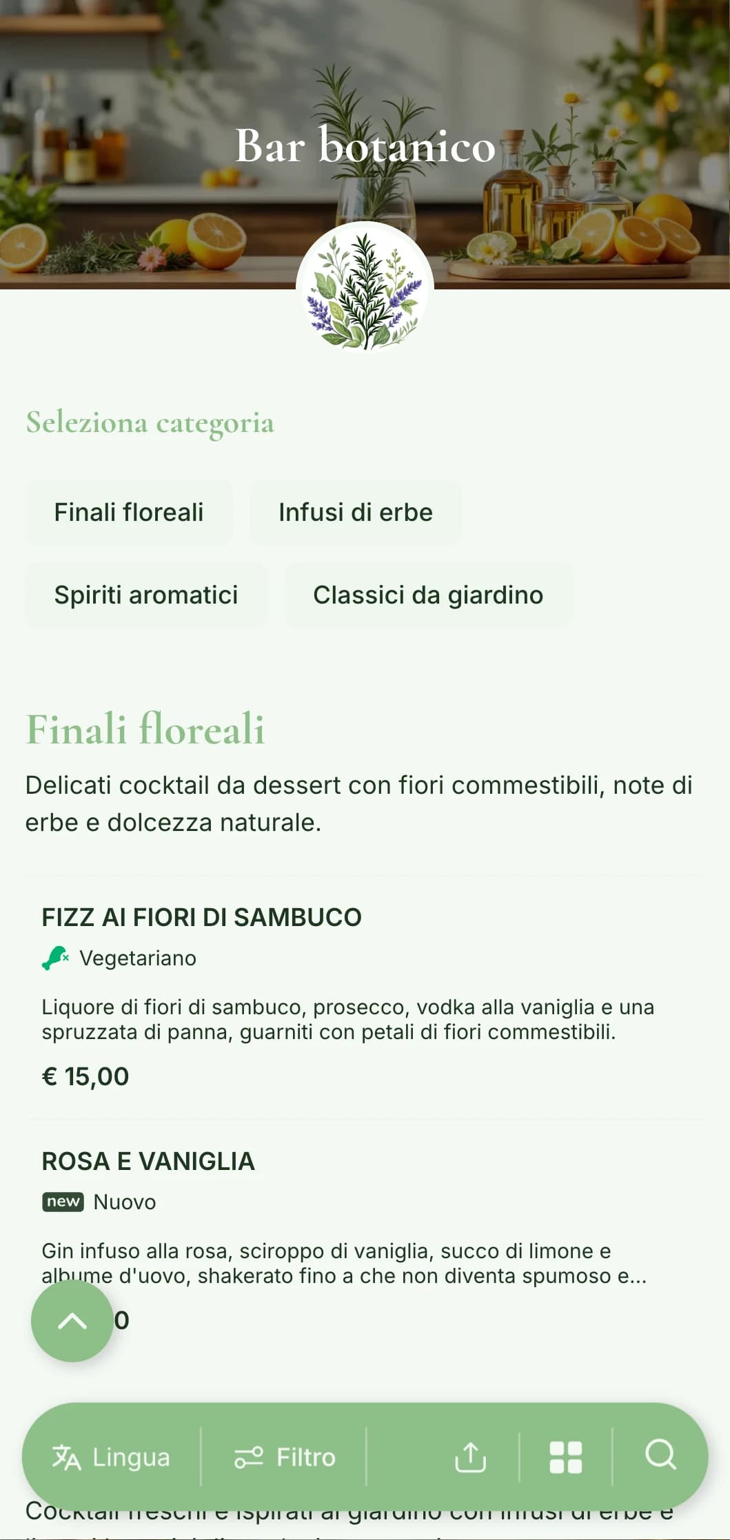 Un menu fresco e ispirato al giardino per bar specializzati in cocktail alle erbe e botanici.