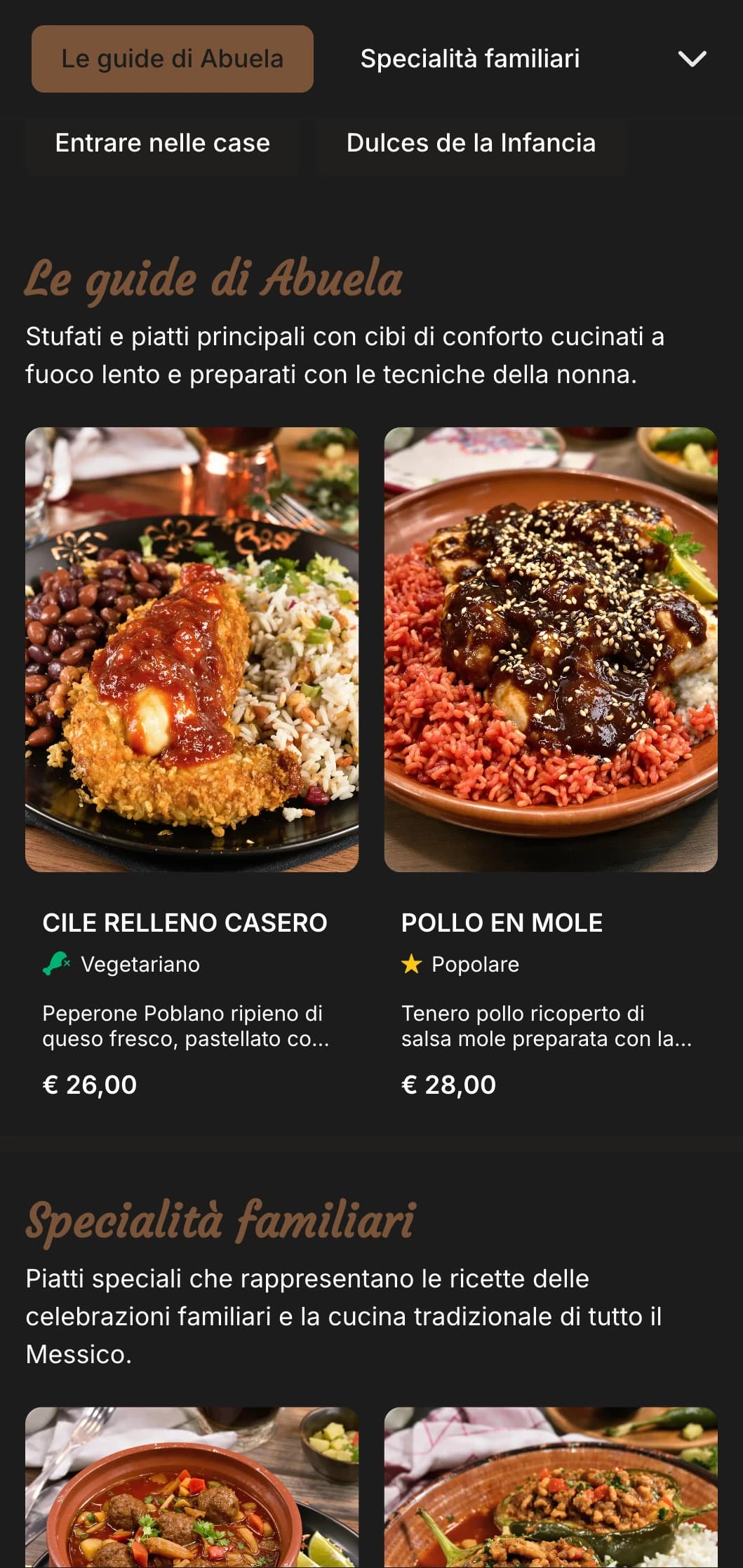 Menu messicano casalingo, caldo e confortante, con ricette della nonna, caldi accenti marroni e piatti tradizionali in stile familiare.