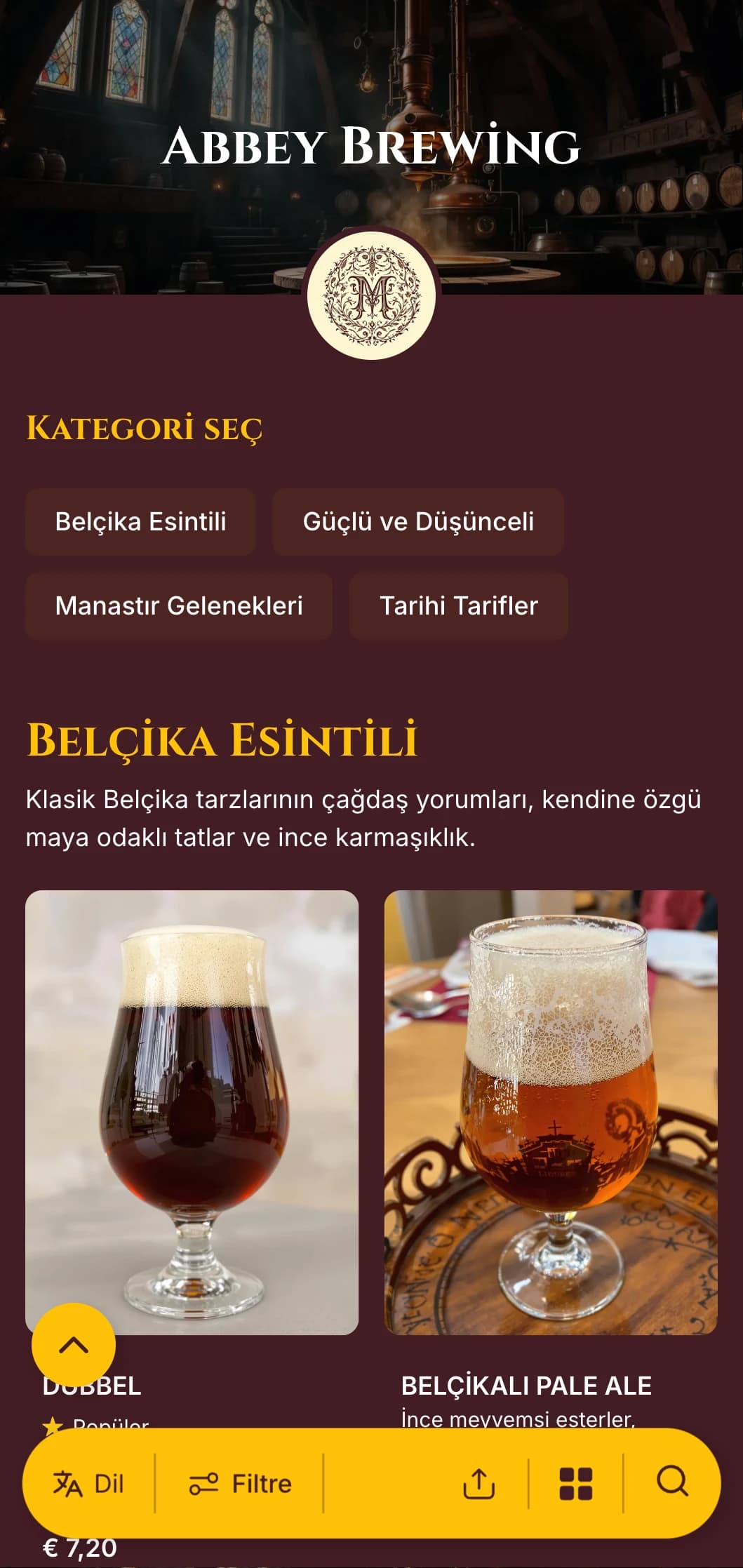 Zengin bordo tonları ve klasik tipografi ile manastır bira geleneklerinden ilham alan zarif ve tarihi tasarım.