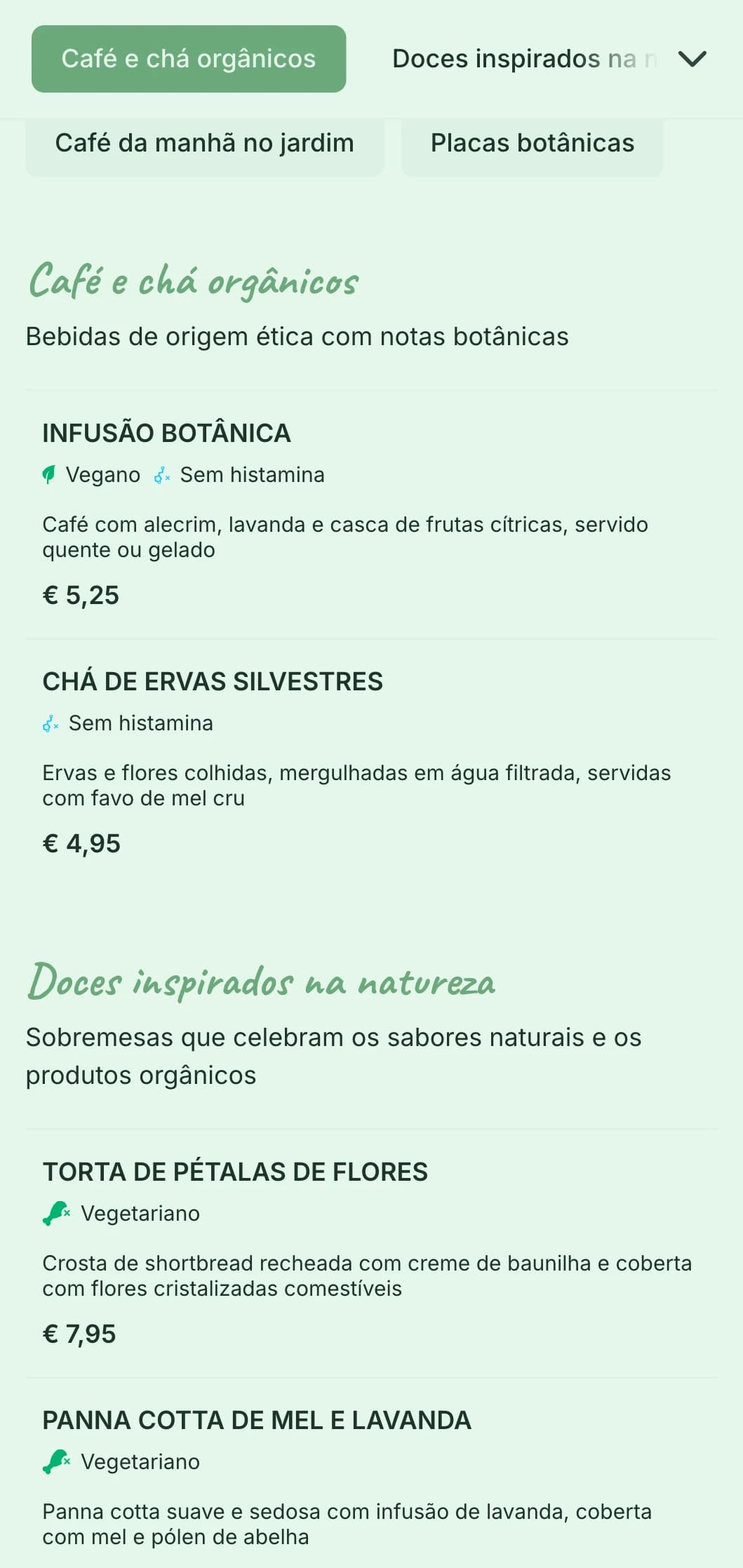 Design com tema verde fresco e elementos botânicos para cafeterias com jardim e locais de brunch orgânico.