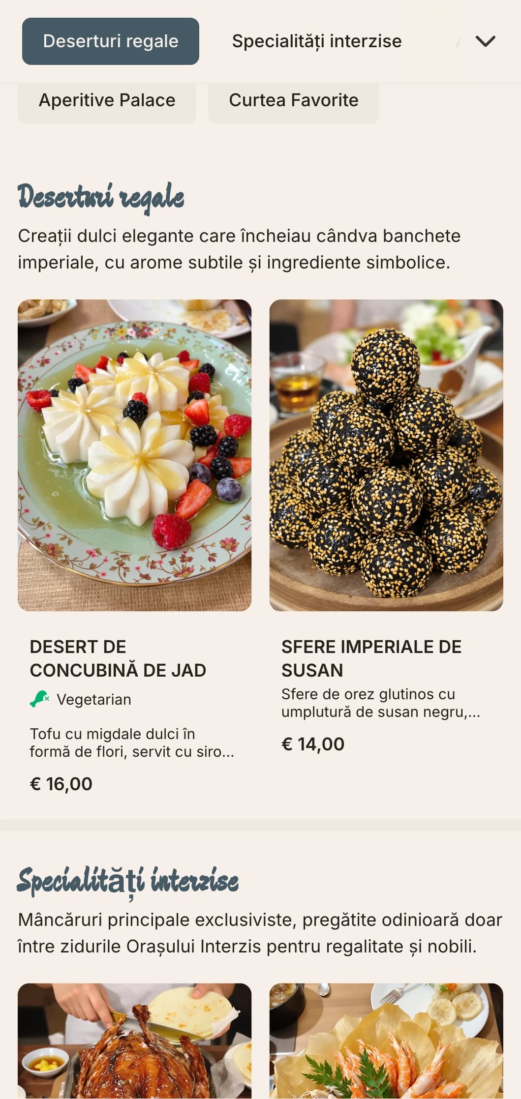 Design sofisticat al meniului chinezesc inspirat de arhitectura Orașului Interzis din Beijing, cu motive imperiale pentru experiențe culinare rafinate.