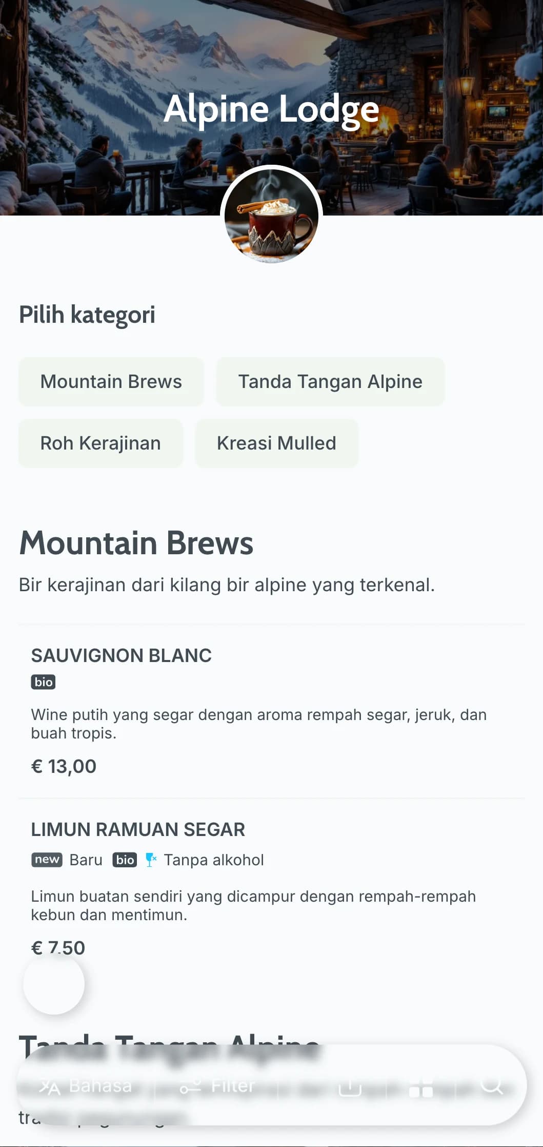 Desain abu-abu-biru yang keren terinspirasi dari tempat peristirahatan di pegunungan untuk bar ski.