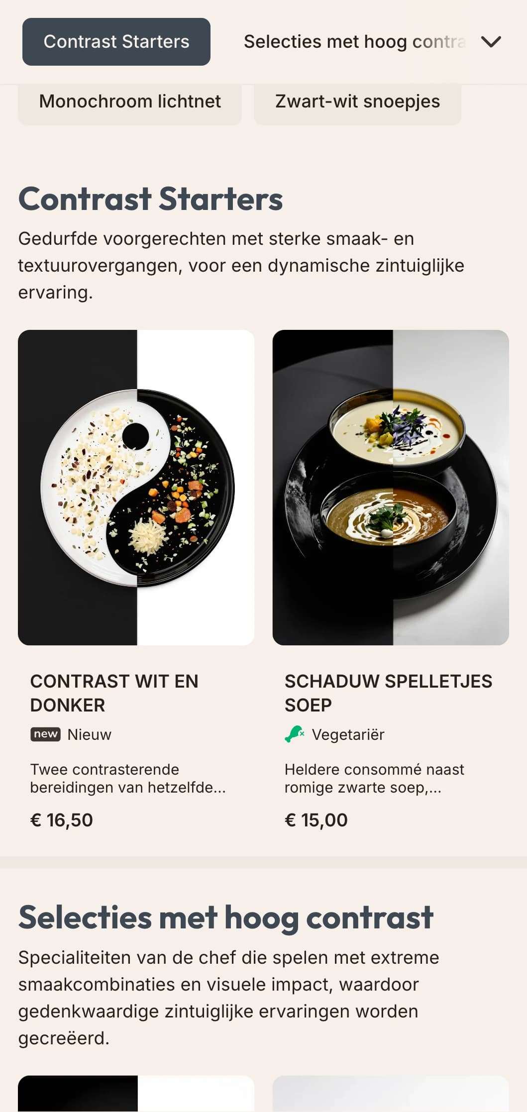 Strak, zwart-wit lunchmenu-ontwerp met hoog contrast en gedurfde typografie, perfect voor minimalistische restaurants en hedendaagse kunstruimtes.