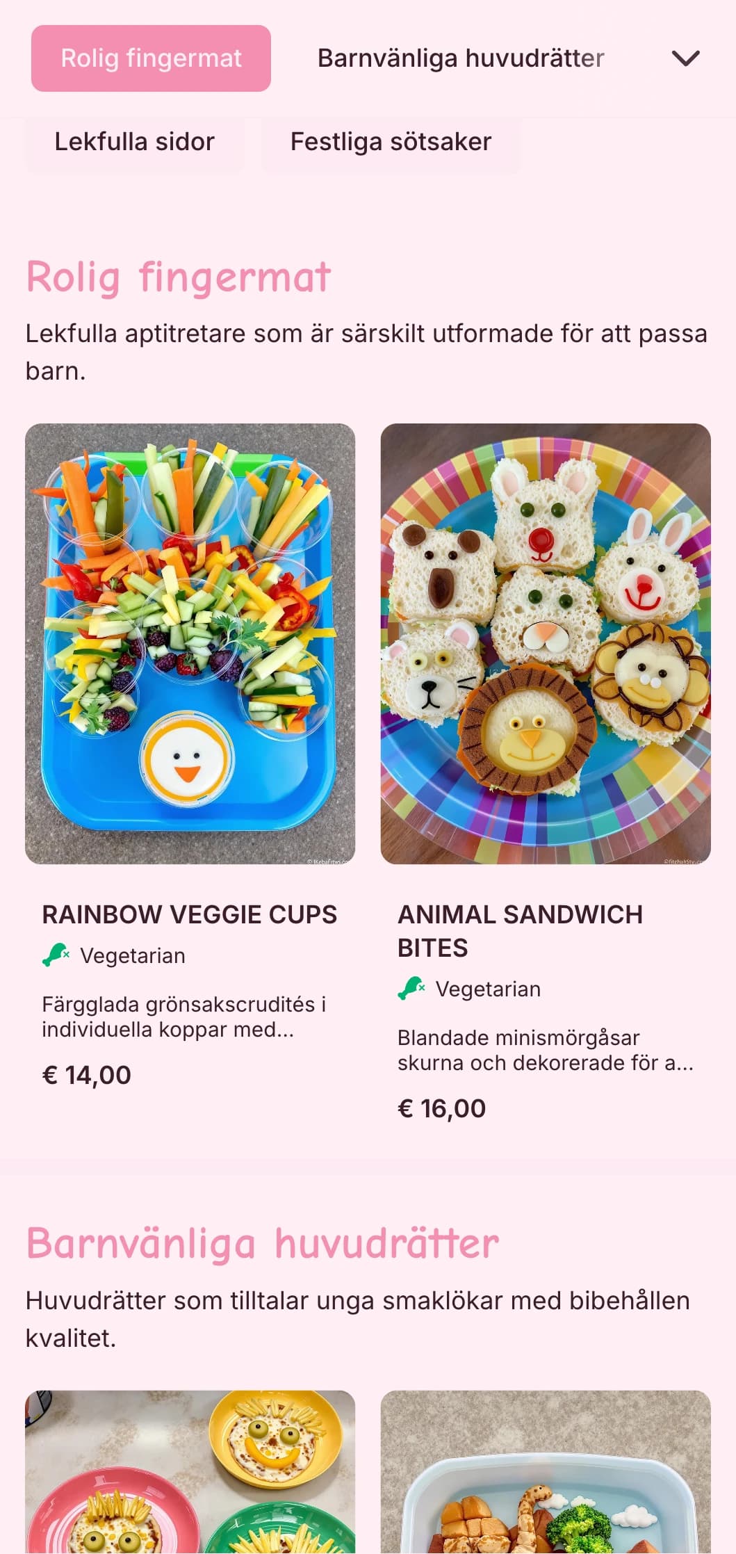 Rolig, färgglad catering som är särskilt utformad för barnevenemang med lekfull presentation, barnvänliga alternativ och interaktiva matstationer.