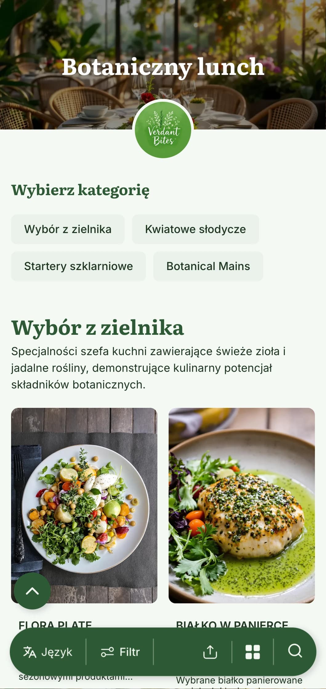 Bujne, inspirowane roślinami menu lunchowe z botanicznymi ilustracjami i naturalnymi teksturami, idealne do kawiarni szklarniowych i restauracji przylegających do ogrodu.