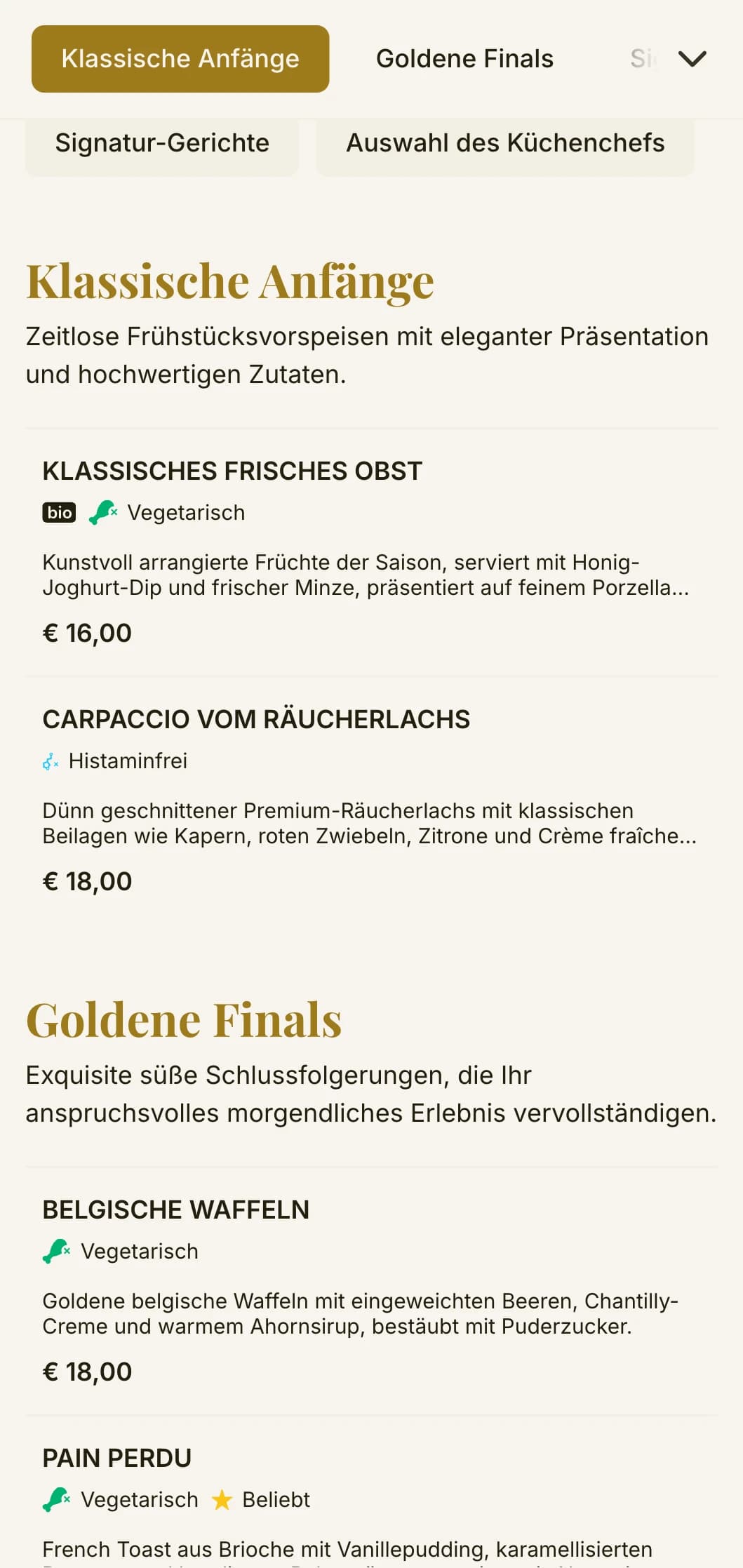 Elegantes Morgenessen mit zeitlosen Frühstücksklassikern und raffinierter Präsentation für einen anspruchsvollen Start in den Tag.
