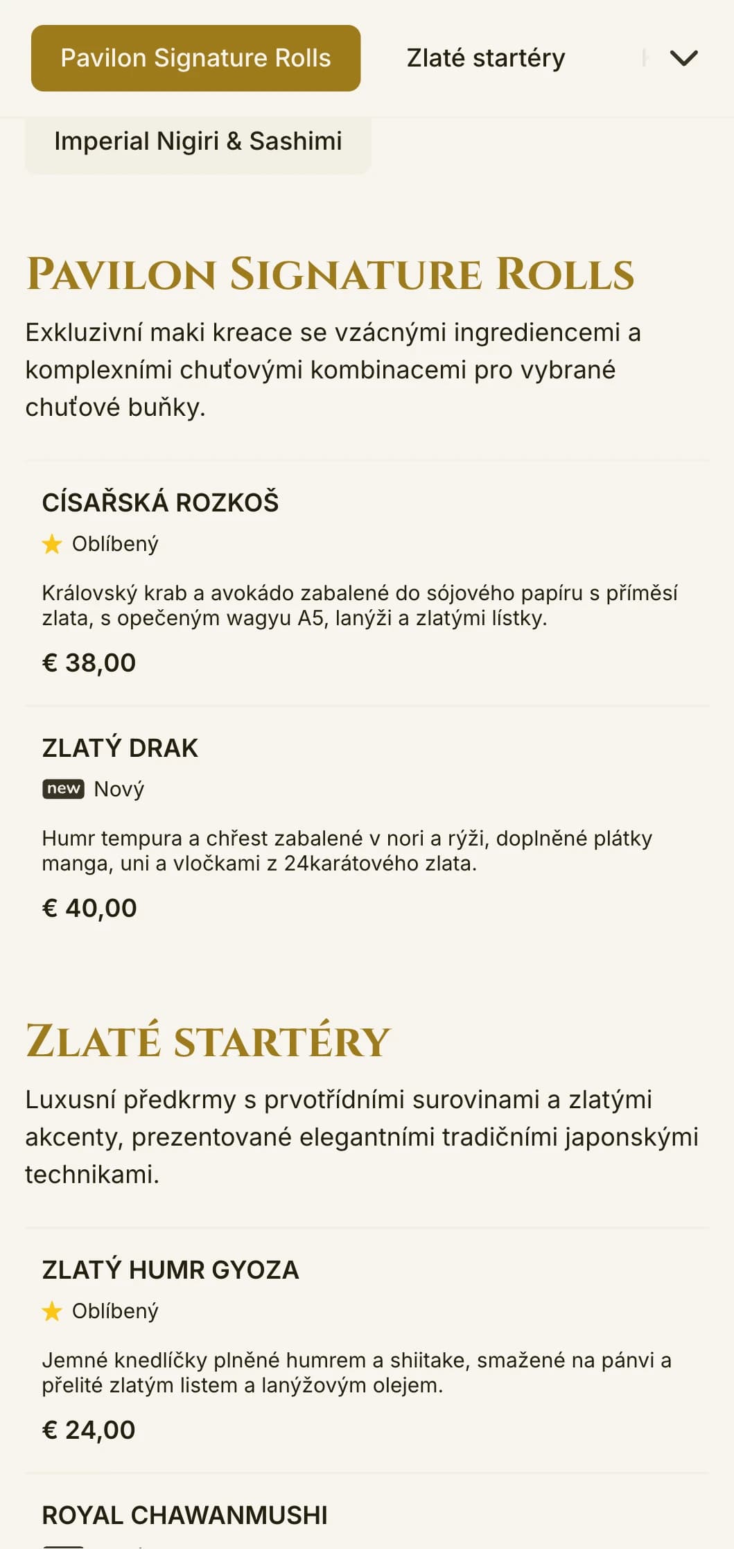 Luxusní sushi menu se zlatým akcentem inspirované slavným chrámem v Kjótu, s elegantní typografií a tradičními prvky.