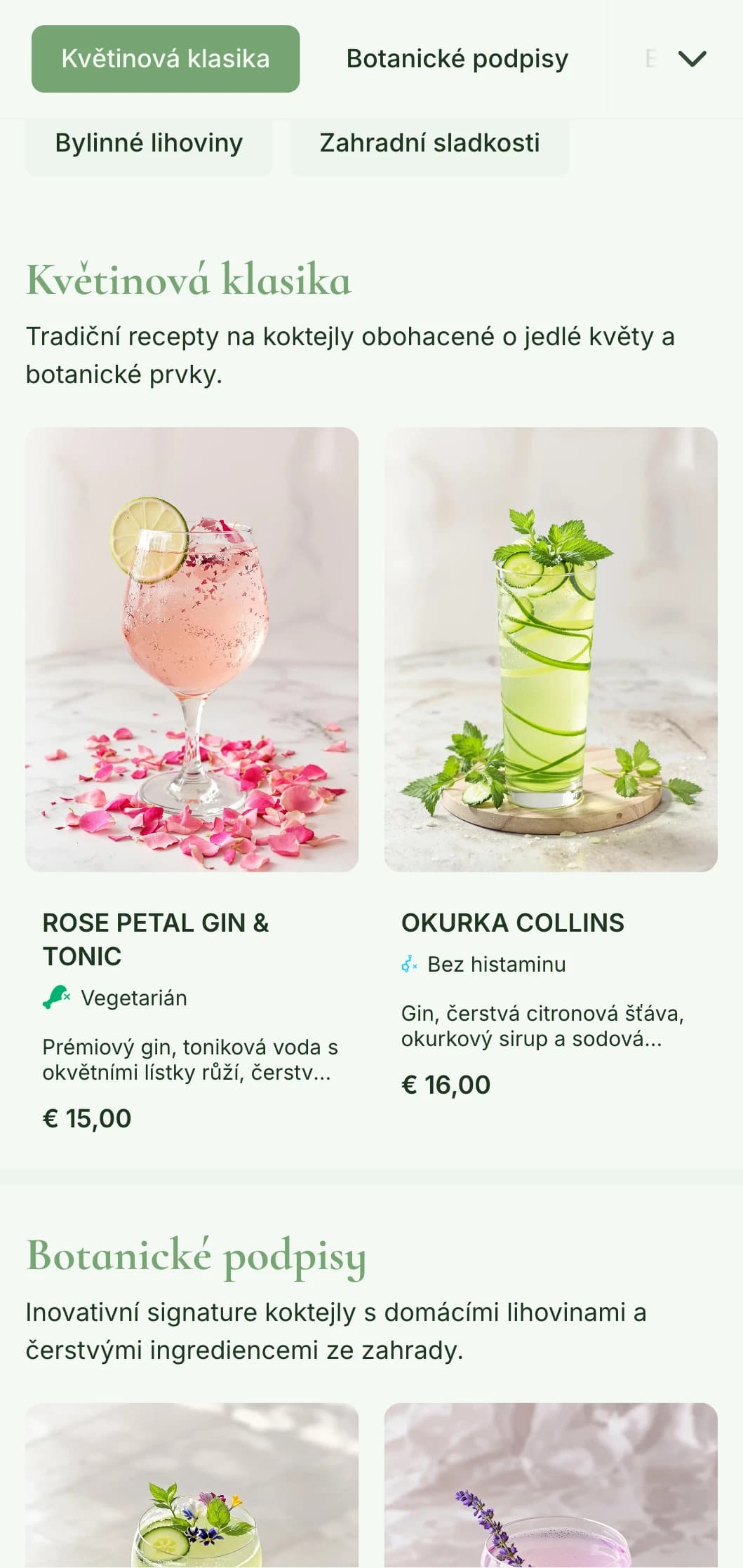 Svěží, zahradou inspirovaný design pro bary specializující se na bylinné koktejly a botanické lihoviny se svěžími zelenými tóny.