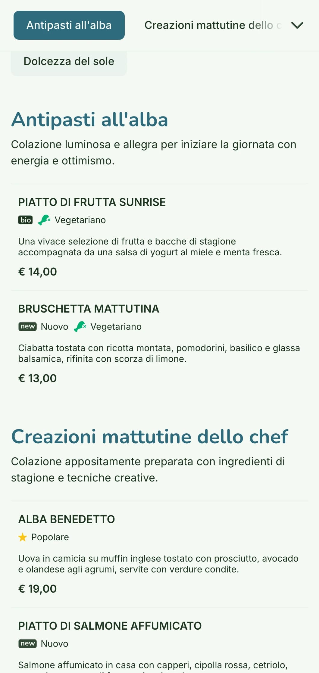 Menu per la colazione luminoso e allegro, con ingredienti freschi e colorati in un ambiente bistrot informale ma raffinato.