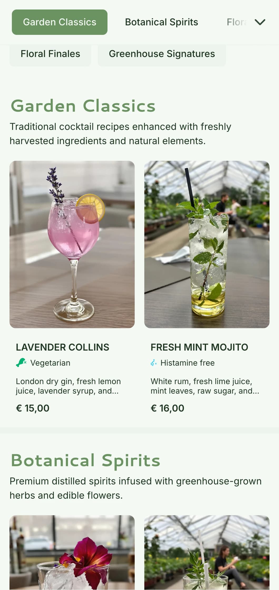 A fresh, conservatory-inspired design for garden bars and botanical lounges featuring green tones and airy typography.