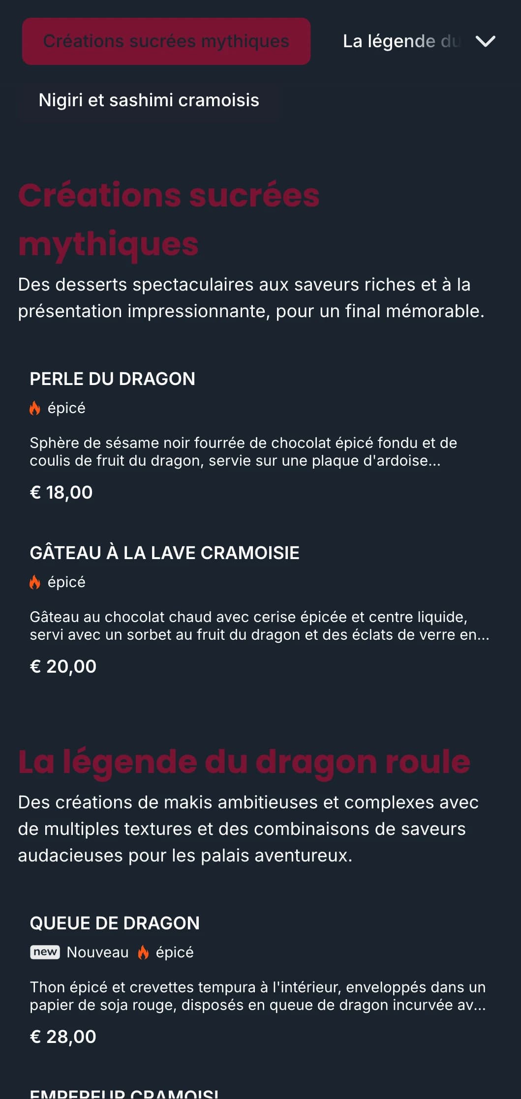Carte de sushis audacieuse et spectaculaire aux riches tons rouges, inspirée de la mythologie japonaise traditionnelle du dragon.