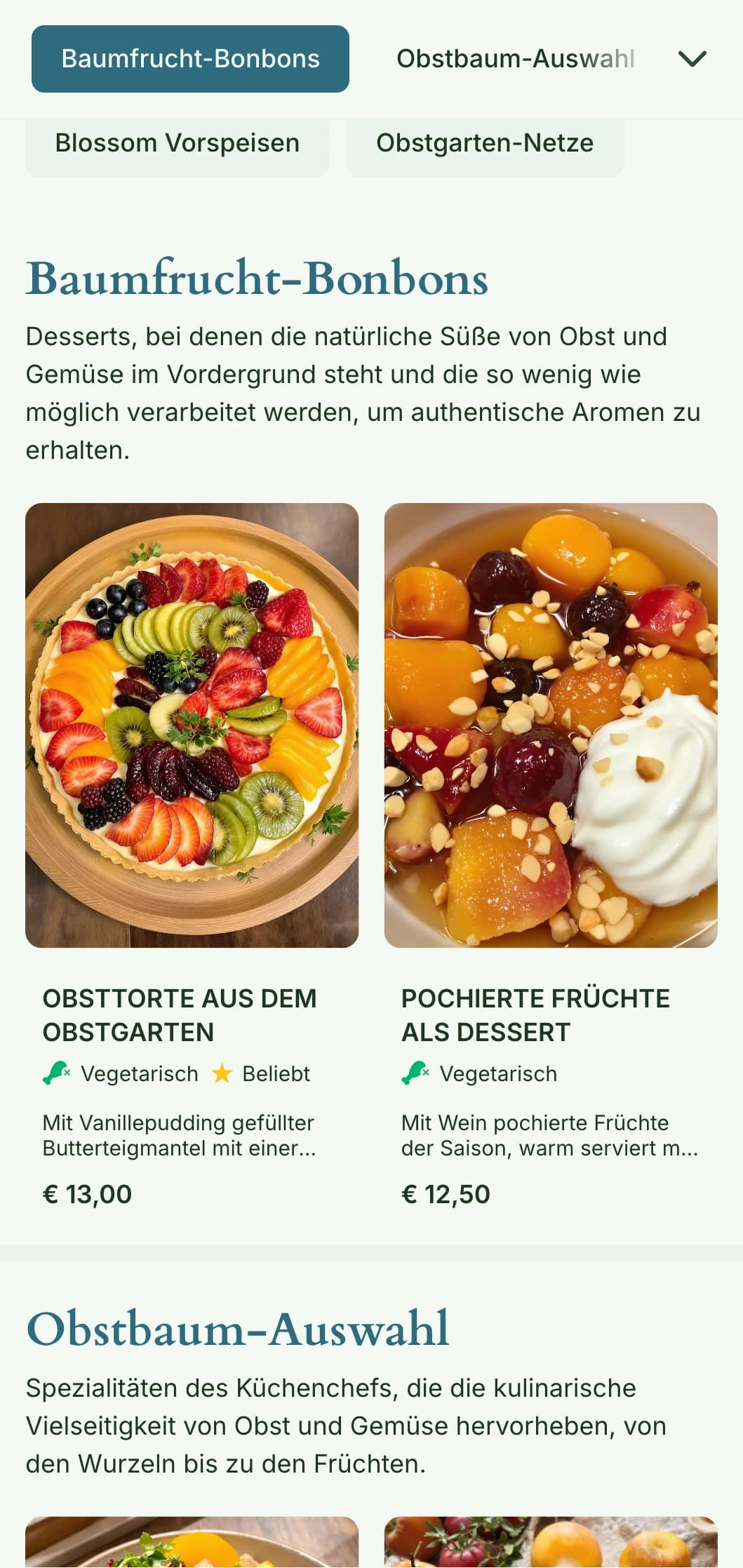 Fruchtiges, von Obstgärten inspiriertes Design für Mittagsmenüs mit saisonalen Elementen und natürlichem Reichtum, ideal für Restaurants, die Baumfrüchte und Obstgartenprodukte verwenden.