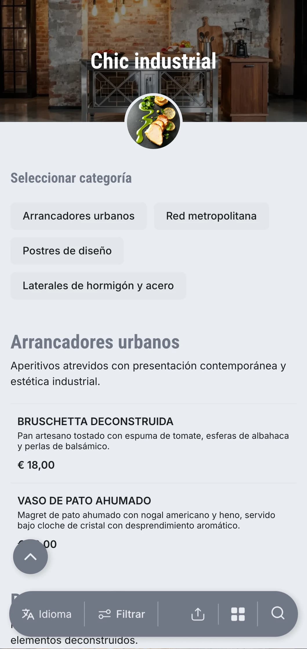 Presentación de catering cruda y vanguardista con estética urbana moderna, elementos metálicos y texturas de hormigón para eventos en almacenes e inauguraciones de galerías.