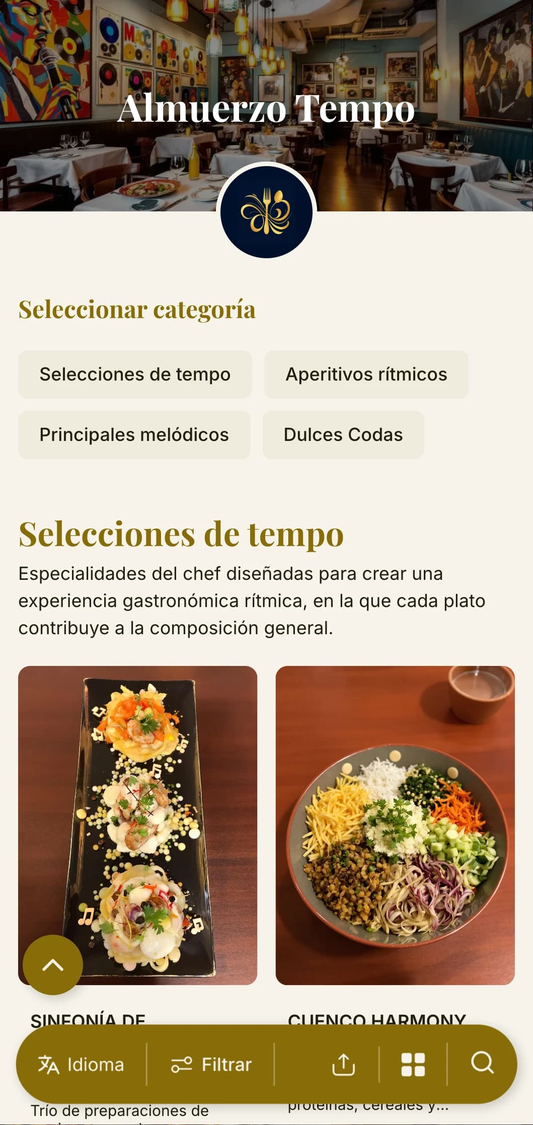 Diseño de menú de almuerzo dinámico e inspirado en el ritmo, con elementos musicales y una disposición fluida, ideal para restaurantes cercanos a teatros y lugares culturales.