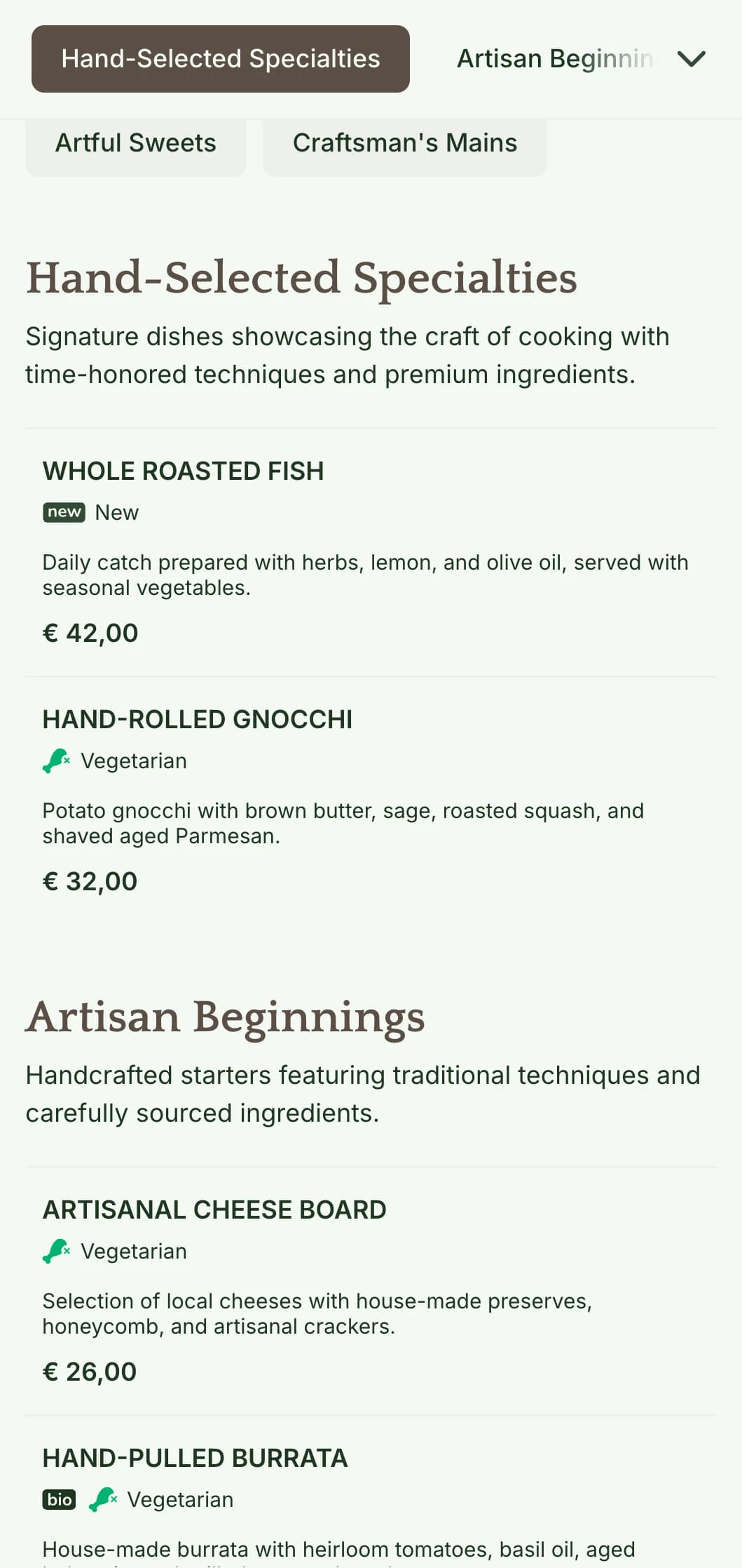A warm, artisanal dinner menu featuring craft-inspired design elements and earthy tones, perfect for restaurants focusing on handcrafted cuisine.