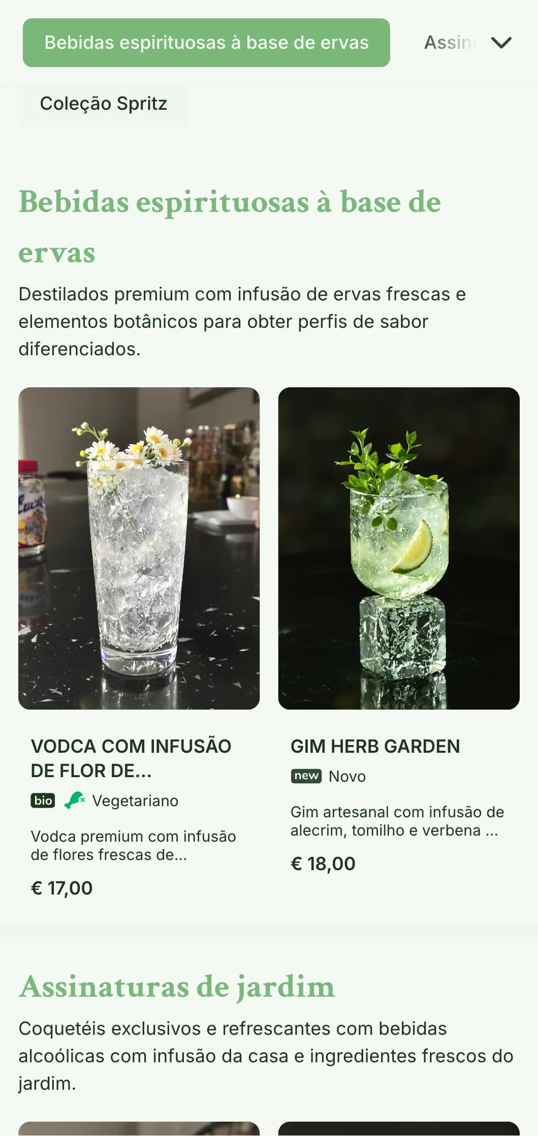 Um design fresco, inspirado em jardins, para bares especializados em spritzers e coquetéis botânicos frescos, com tipografia leve e arejada.