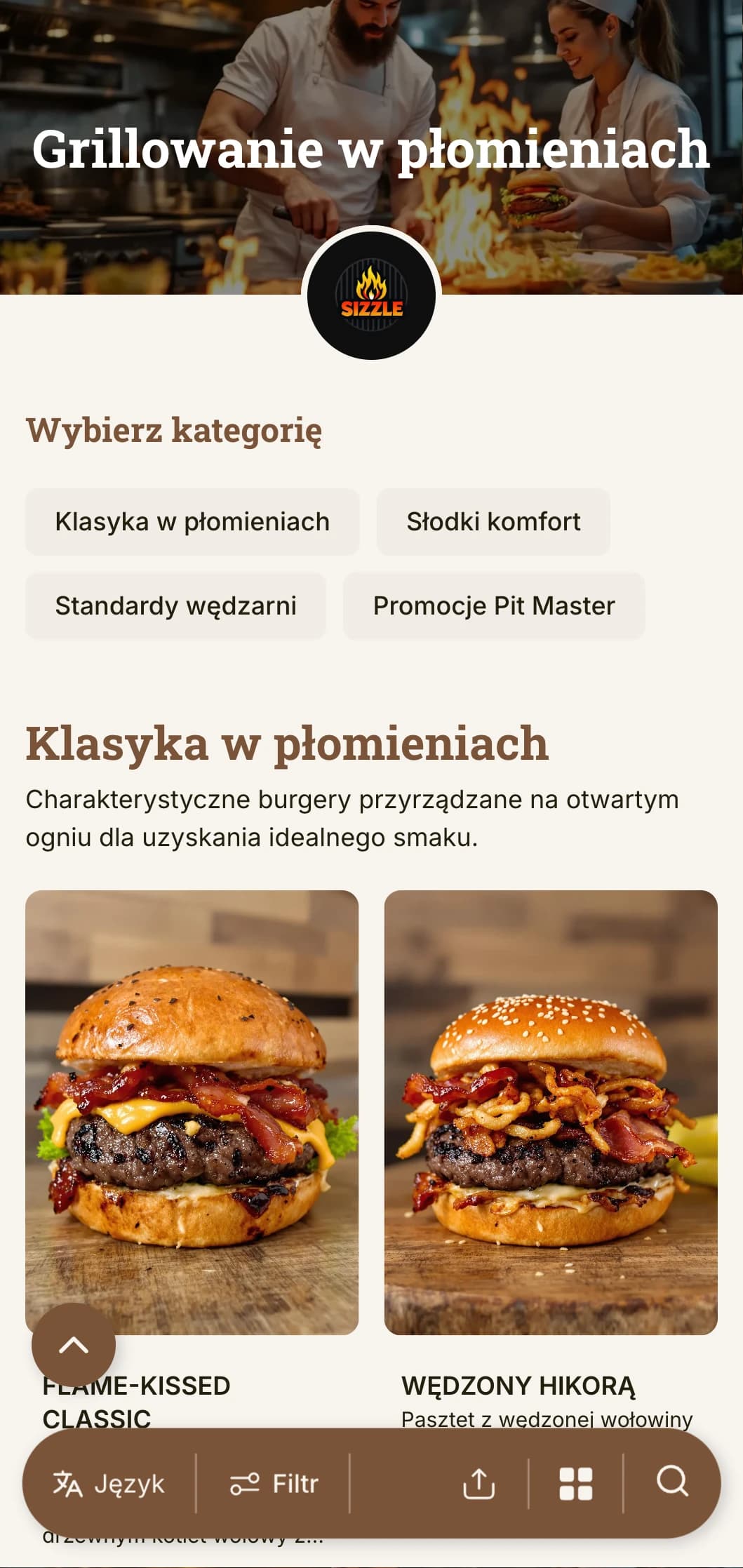 Odważne wzornictwo skoncentrowane na grillu z ciepłymi odcieniami drewna i akcentami płomieni zapewnia autentyczne doznania z grillowanego burgera.