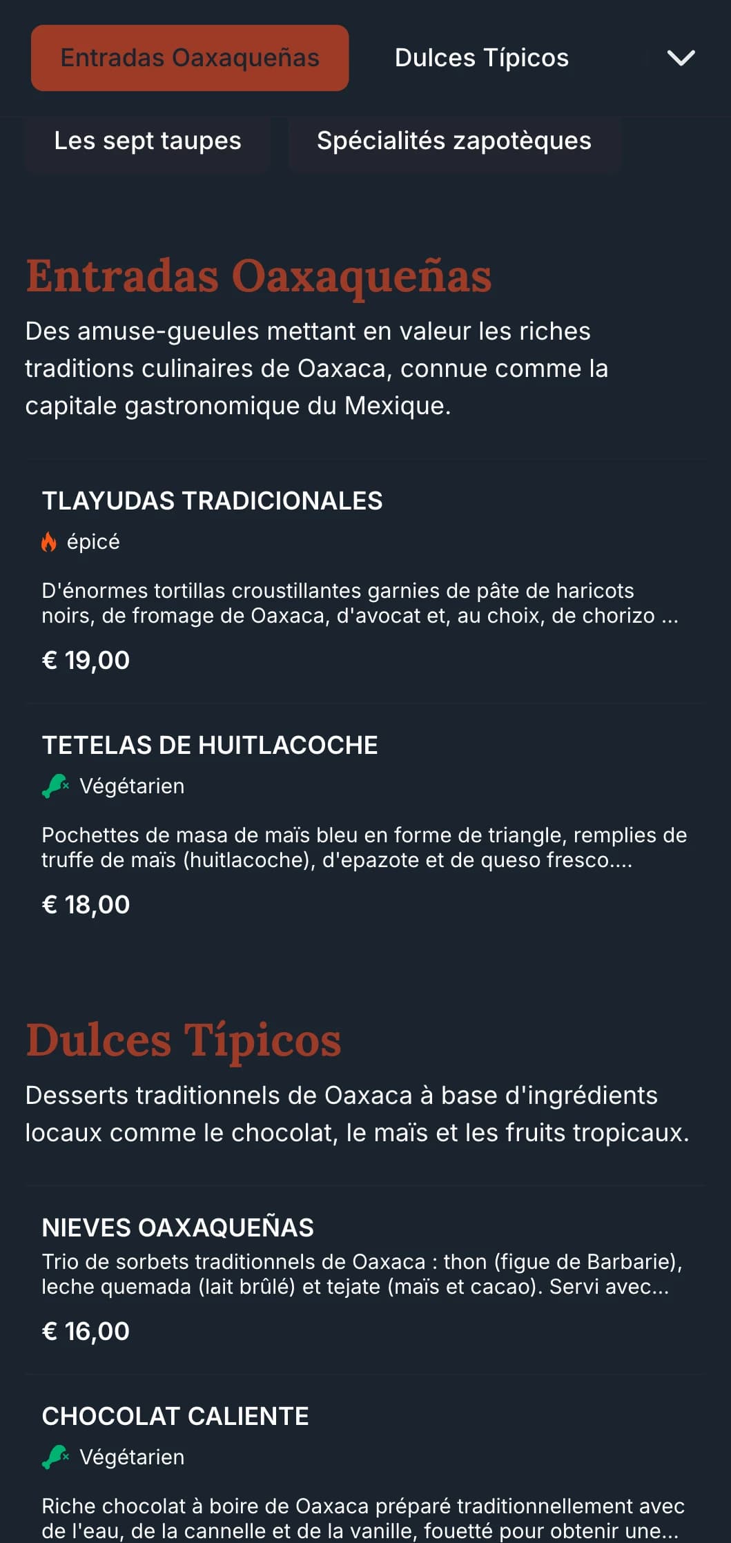 Menu riche et terreux célébrant les traditions culinaires d'Oaxaca avec des accents de terre cuite, des motifs indigènes et des plats de spécialité à base de mole.