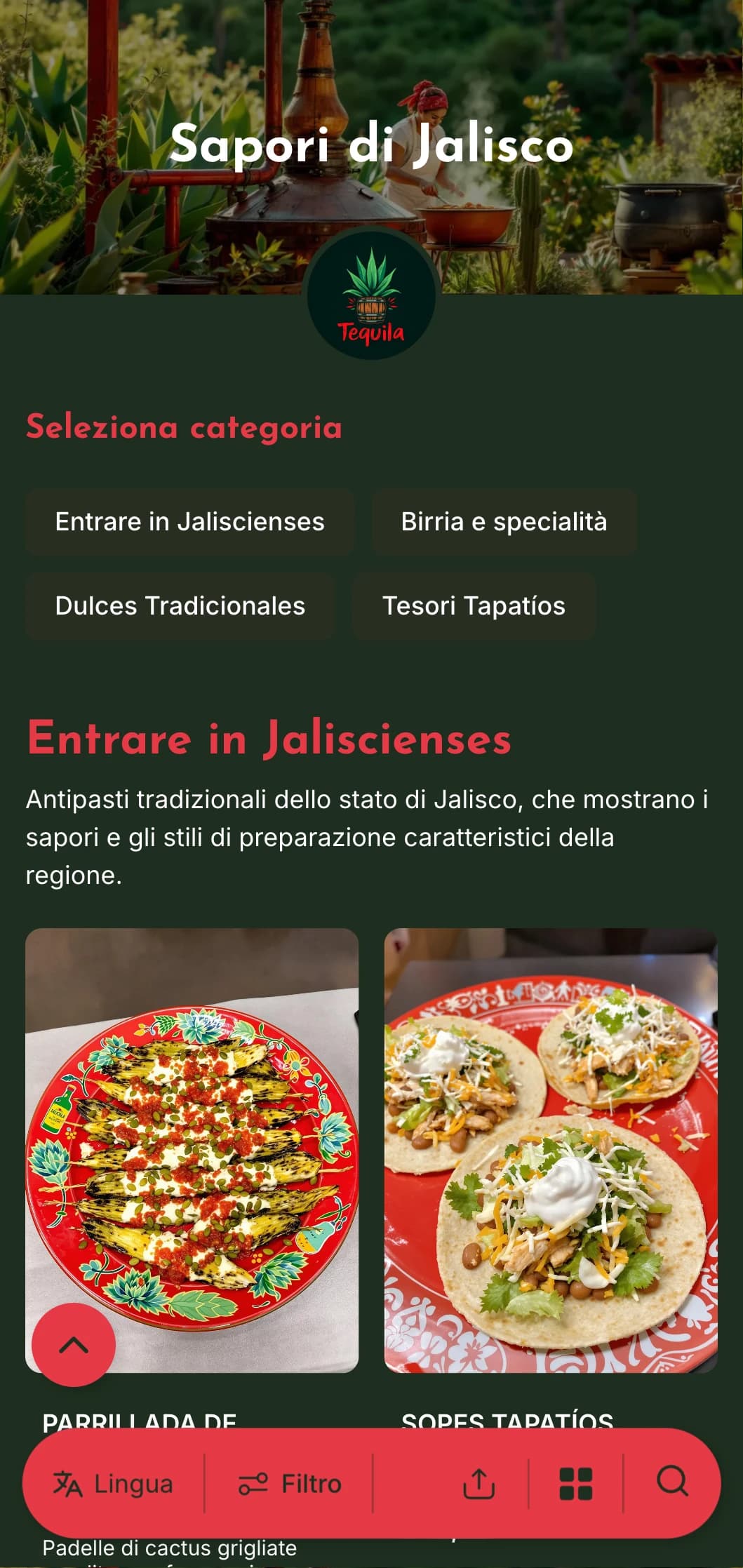 Menu vivace e saporito con specialità di Jalisco, tra cui tequila, birria e piatti tradizionali ispirati ai mariachi.