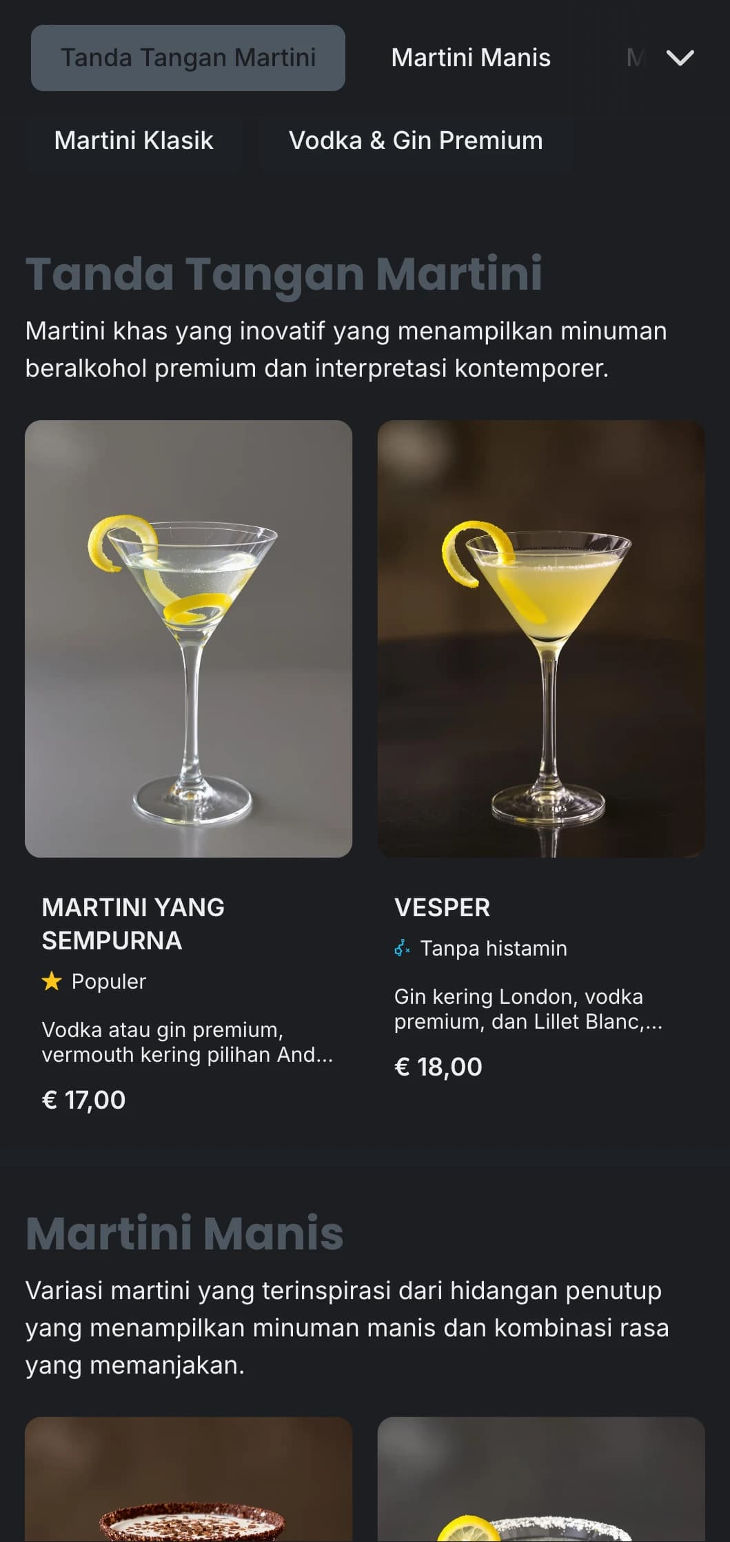 Desain metropolitan yang ramping untuk bar martini perkotaan yang menampilkan warna abu-abu yang sejuk dan tipografi yang bersih.