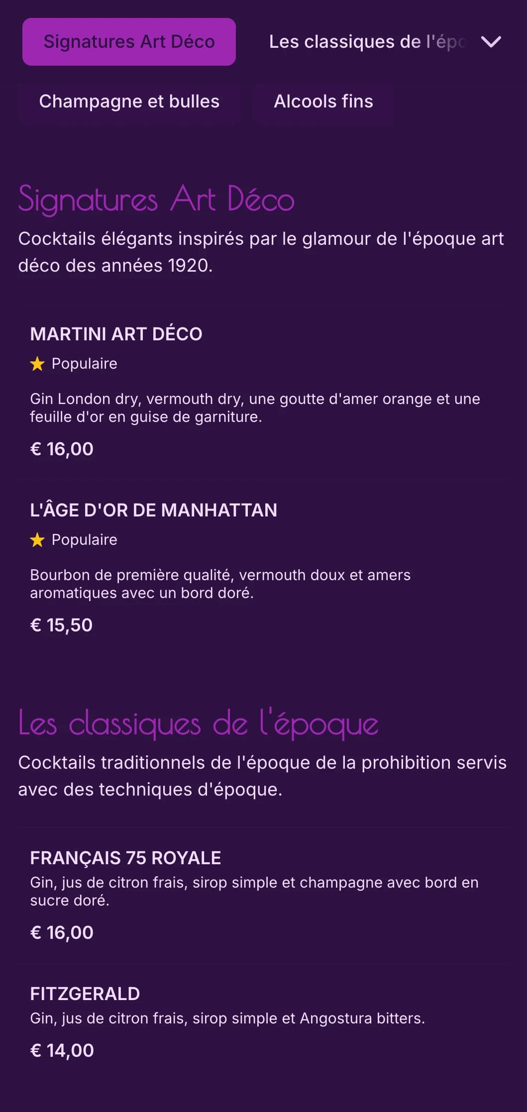Élégant design violet et or inspiré de l'art déco des années 1920 pour les salons de cocktails haut de gamme.