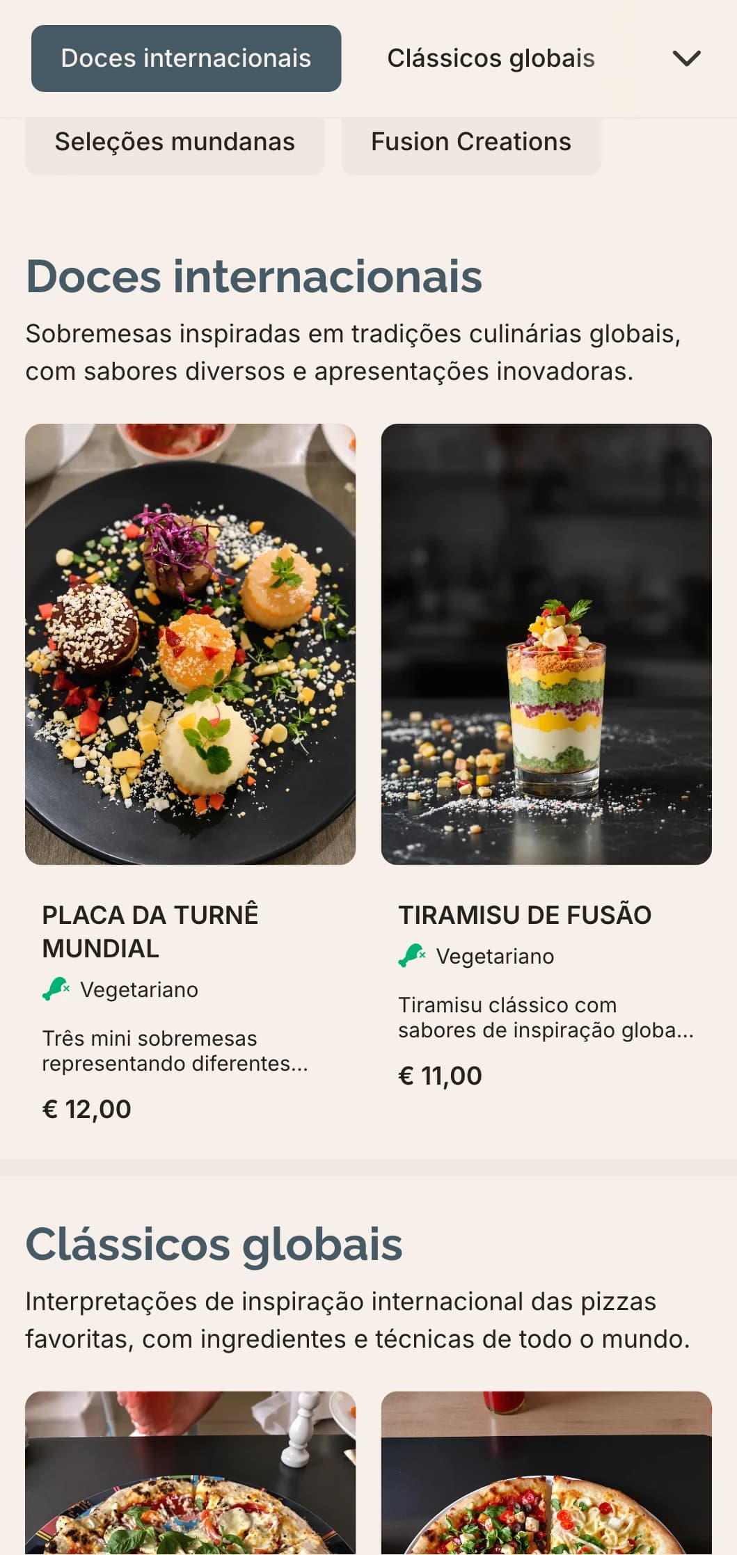 Menu de pizzas de fusão global com design contemporâneo para combinações inovadoras de sabores.