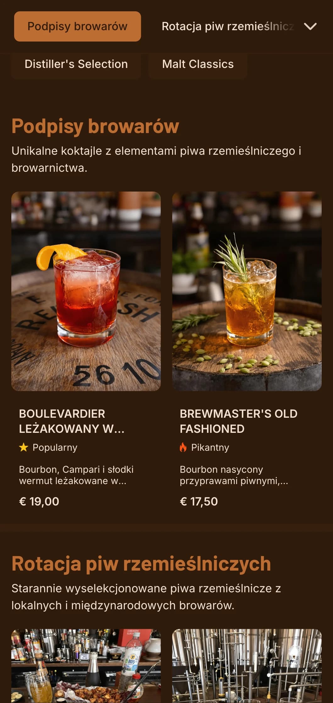 Ciepły pomarańczowy design z elementami browarniczymi dla lokali z piwem rzemieślniczym i koktajlami.